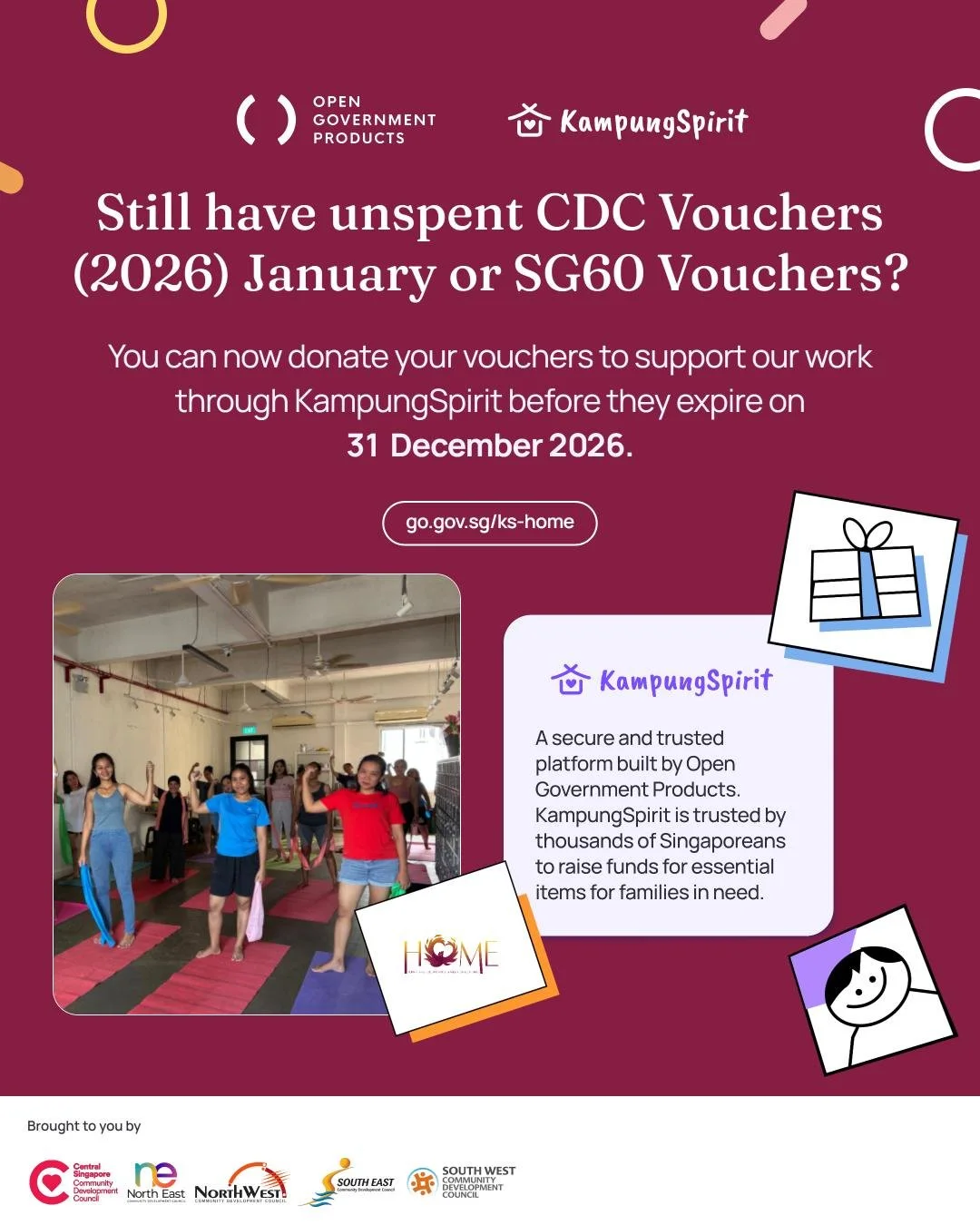 Have unspent CDC Vouchers (2026) January or SG60 Vouchers you won't spend?

You can now support HOMEby donating your unspent vouchers easily through @opengovsg 's KampungSpirit.

Your donationswill support the operations of our Women's Shelter, where