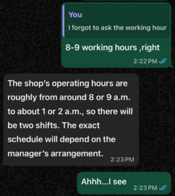 A screenshot of a whatsapp conversation between and agent and a Burmese migrant domestic worker, where he deceives her about her working hours.