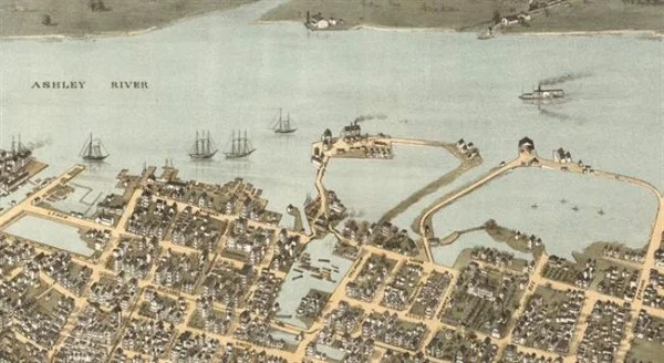 The area around present day Lockwood Drive used to be marsh, mudflats, and water. West Point Rice Mill can be seen in the center; Colonial Lake is on the far left. C. Drie. Bird's Eye View of Charleston, SC. 1872. American Memory LOC .