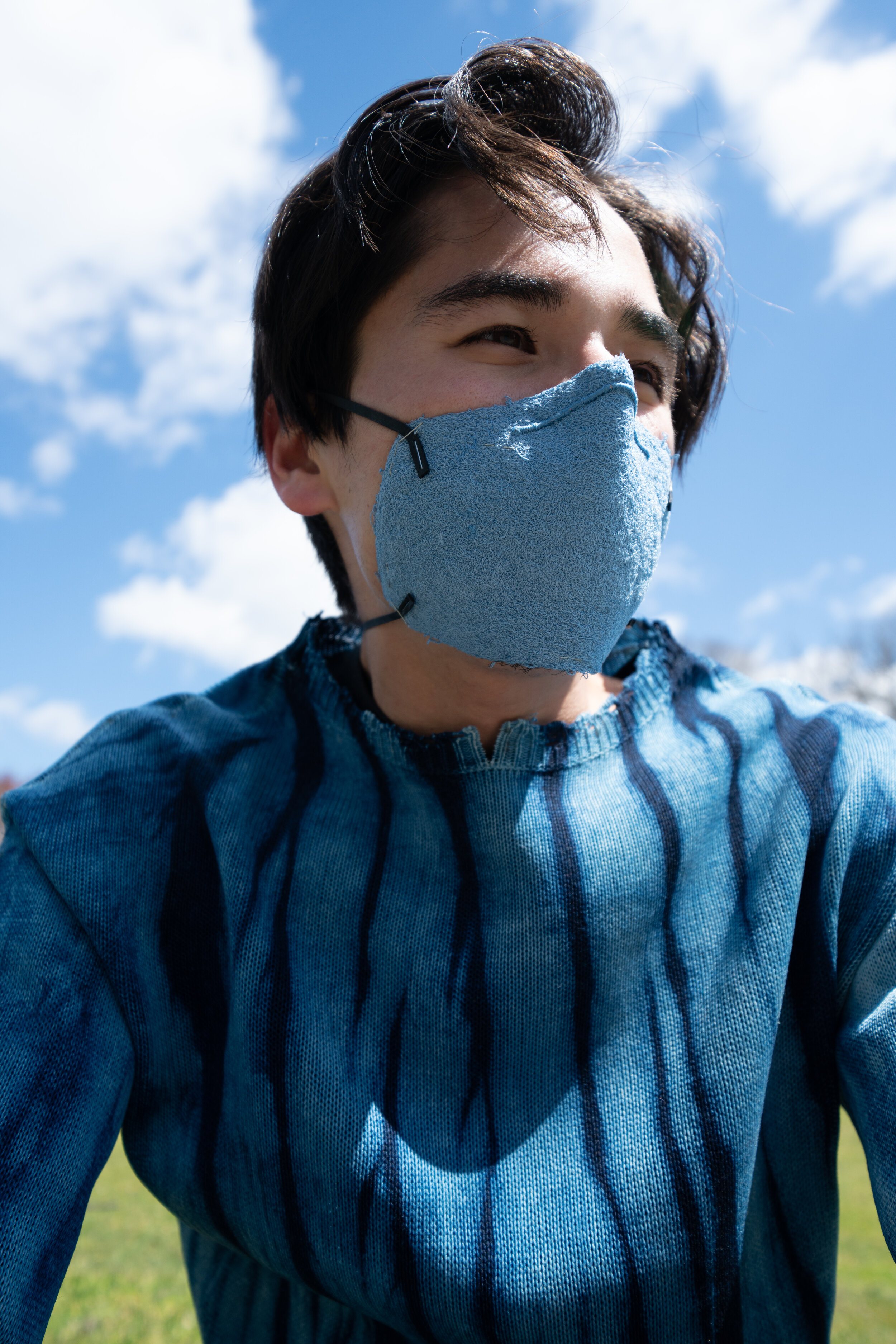 Embroidered N95 Mask with Shibori Indigo-Dyed Sweater