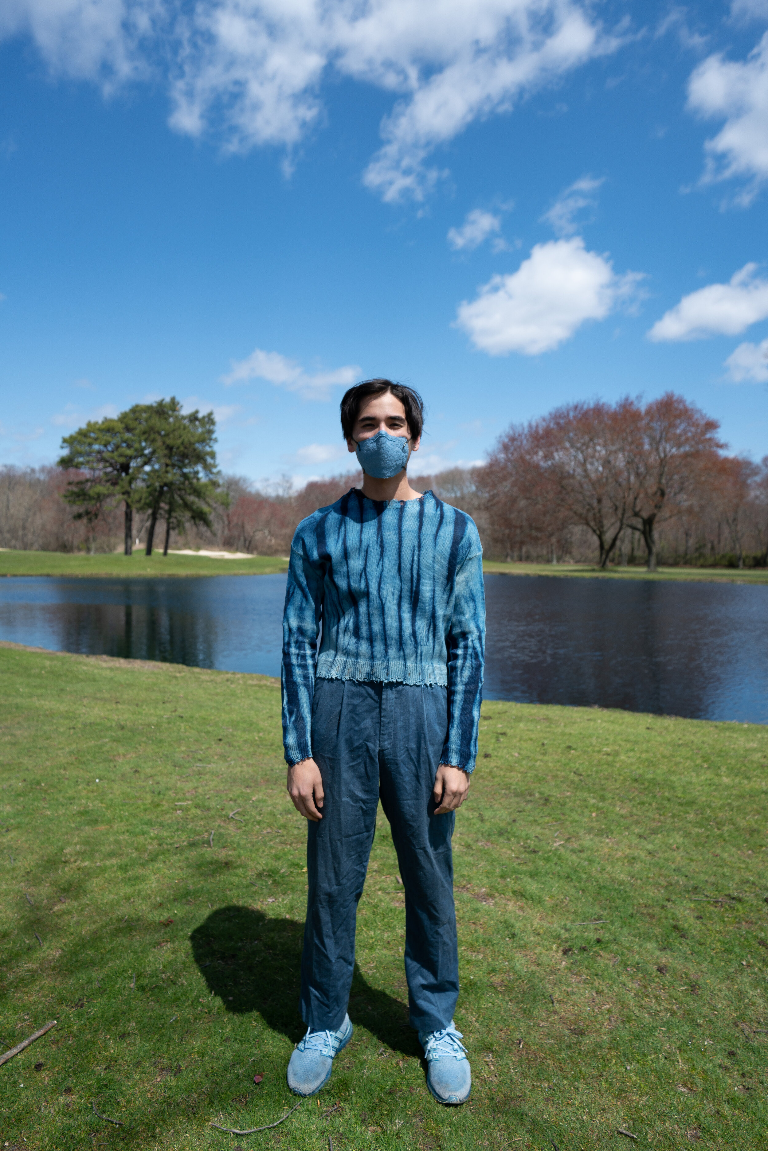 Indigo-Dyed Sweater, Trousers, and Shoes with Embroidered N95 Mask