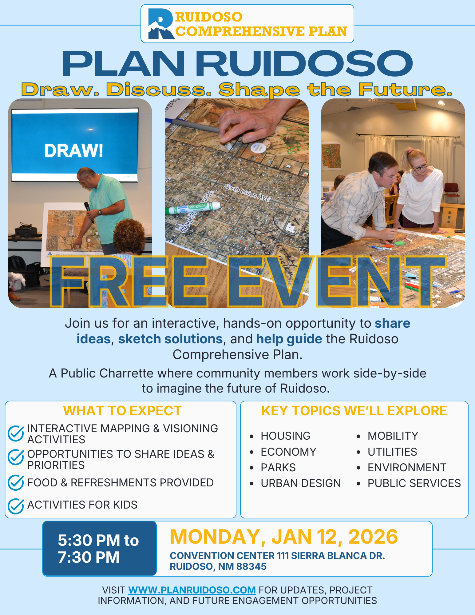 Promotional event graphic for Ruidoso Comprehensive Plan Public Charrette at the Ruidoso Convention Center January 12 - 16, 2026.