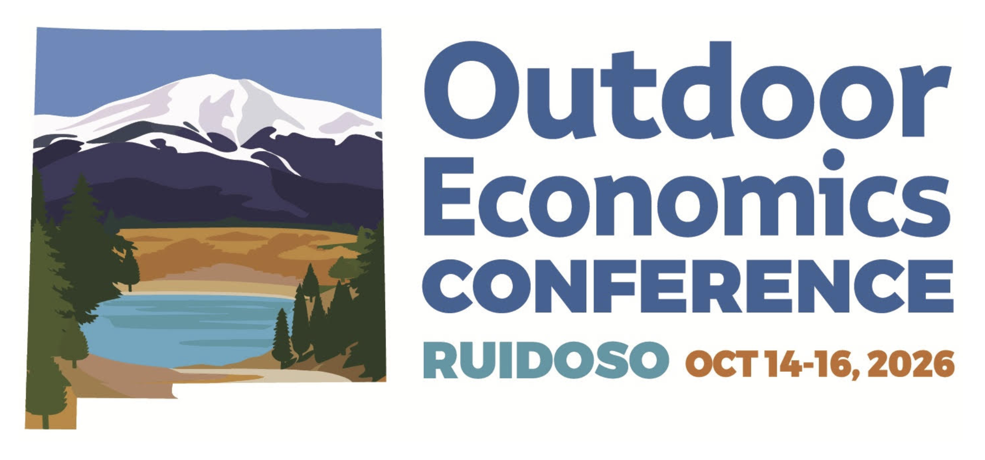 Graphic for the Outdoor Economics Conference in Ruidoso, featuring a stylized mountain, lake, and forest landscape with event text “Outdoor Economics Conference — Ruidoso, Oct 14–16, 2026.”