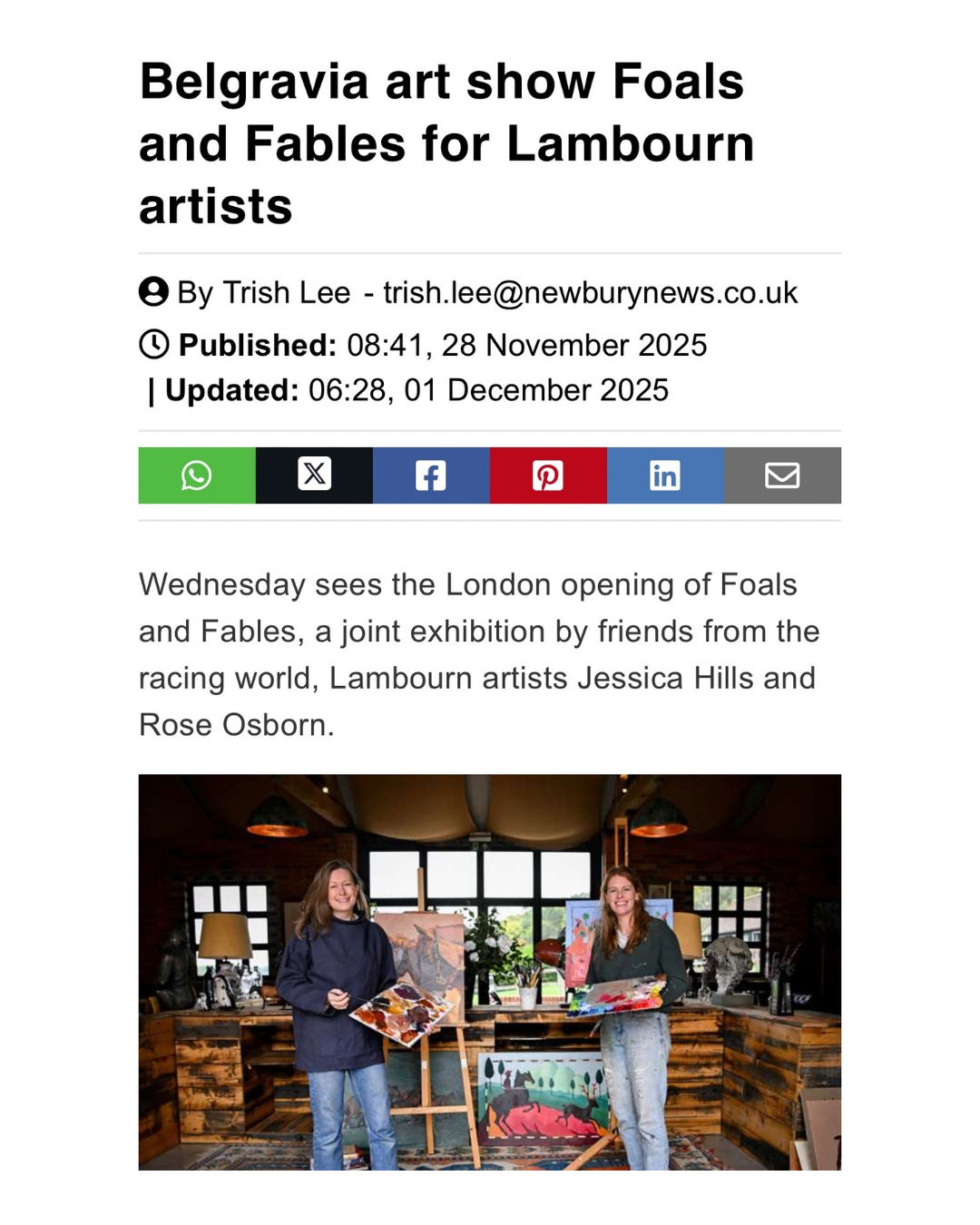 Jessica Hills in Newbury Weekly News - Foals and Fables exhibition