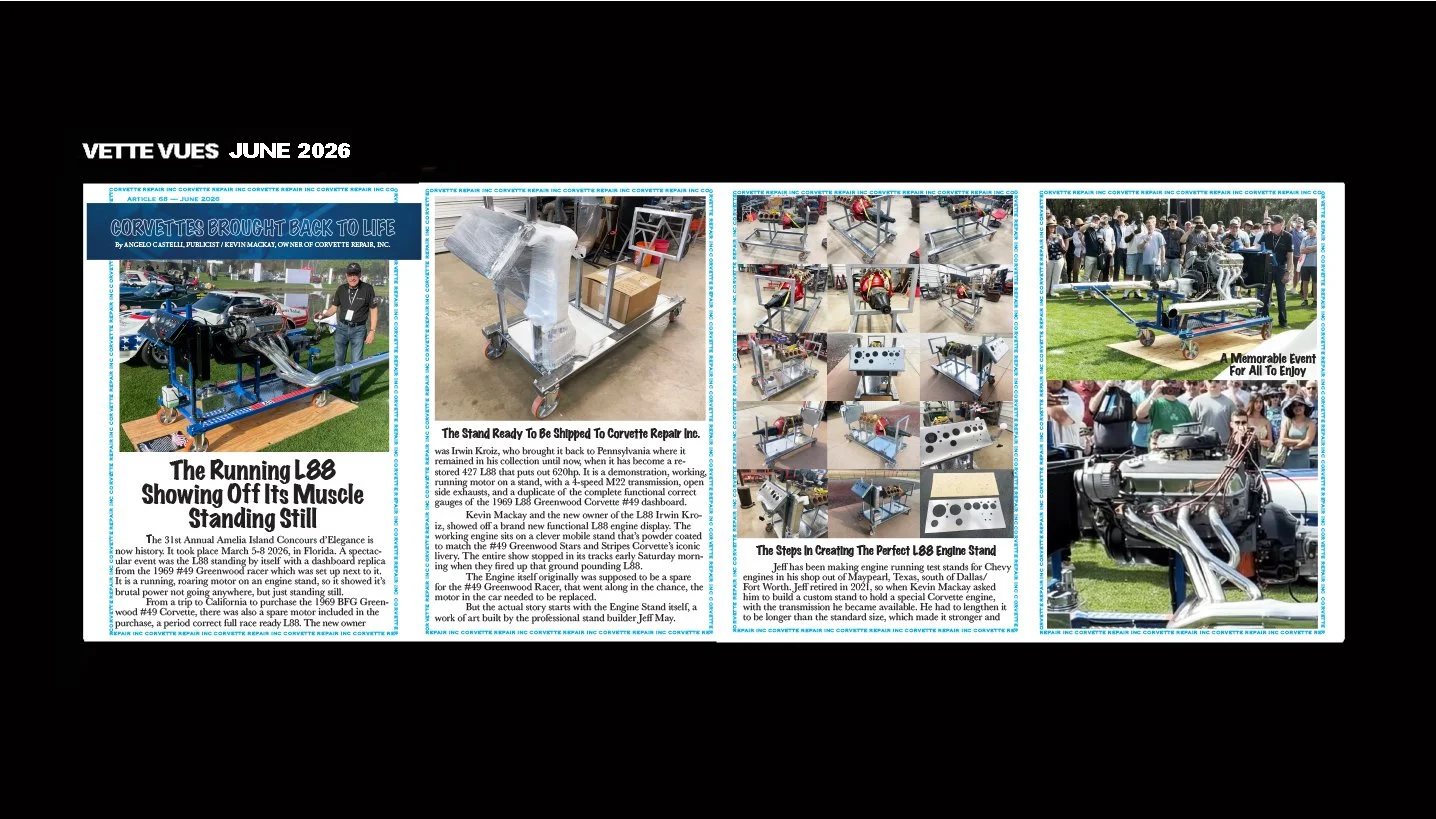 A newspaper spread with multiple images and articles about Corvette repair and racing, titled "Vette Vues June 2026" and "The Running L88 Showing Off Its Muscle Standing Still".