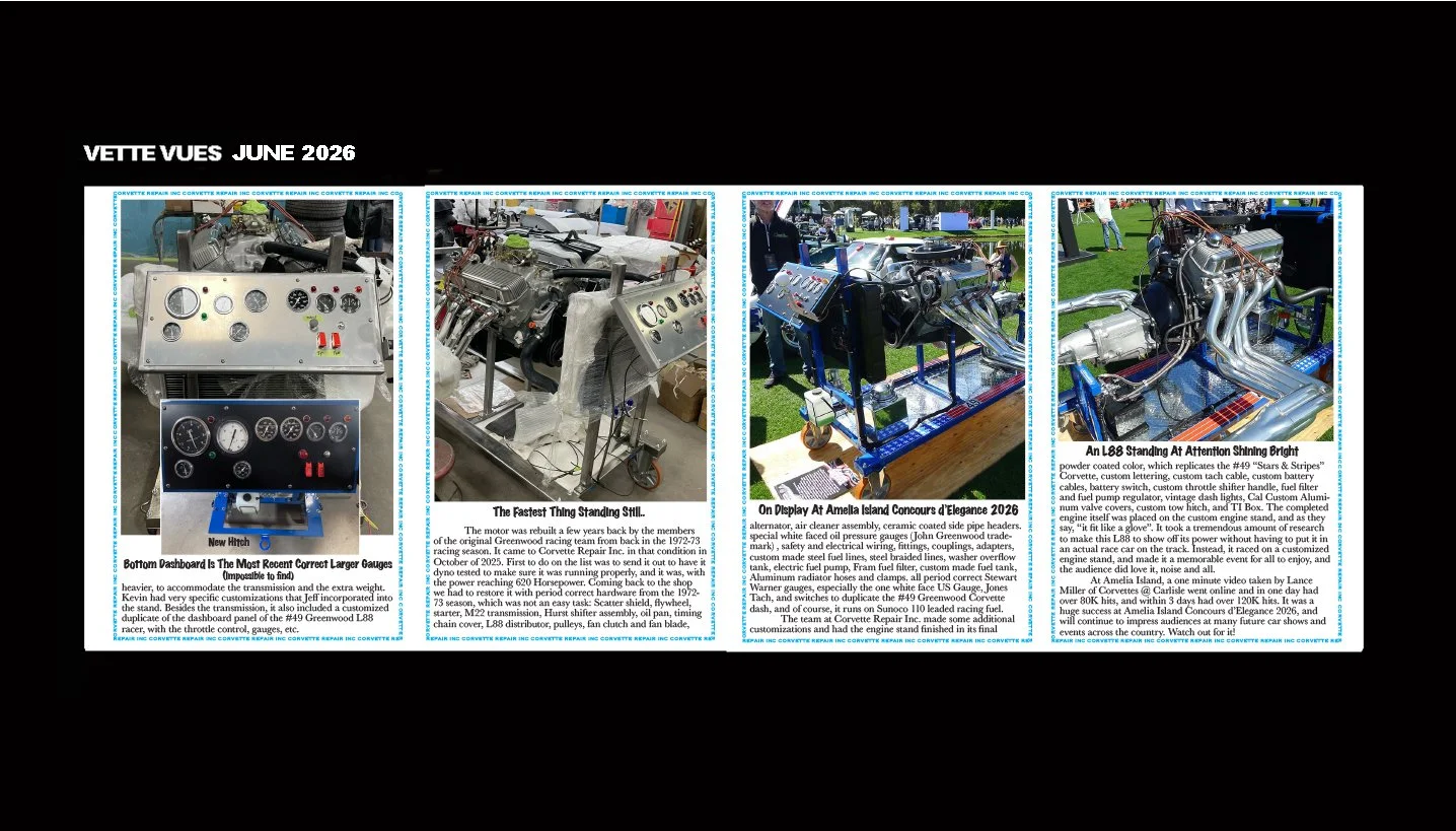 A brochure for the Vette Vues June 2026 event with four photos of Corvette engines and details about their features and restorations.