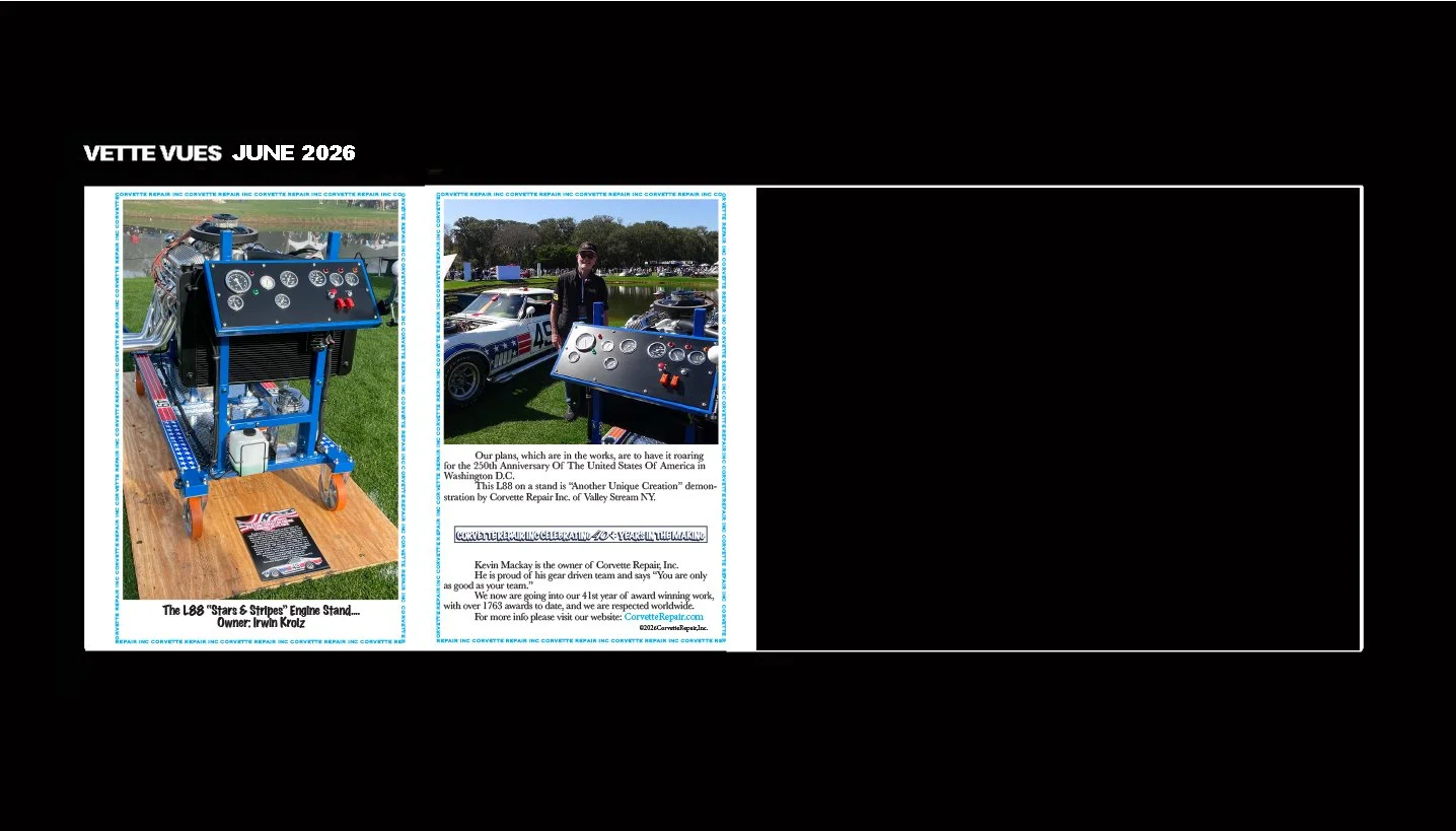 Page from a magazine or brochure titled 'VETTE VUES JUNE 2026' featuring images of a blue model race car engine stand and a person standing next to a race car. Contains text about Corvette racing celebrating its 40th year, with details about a specif