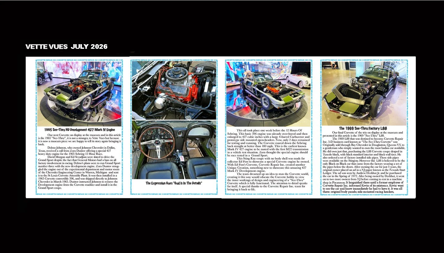 A four-page brochure with images and information about the 1965 and 1969 Chevrolet Corvette car models.