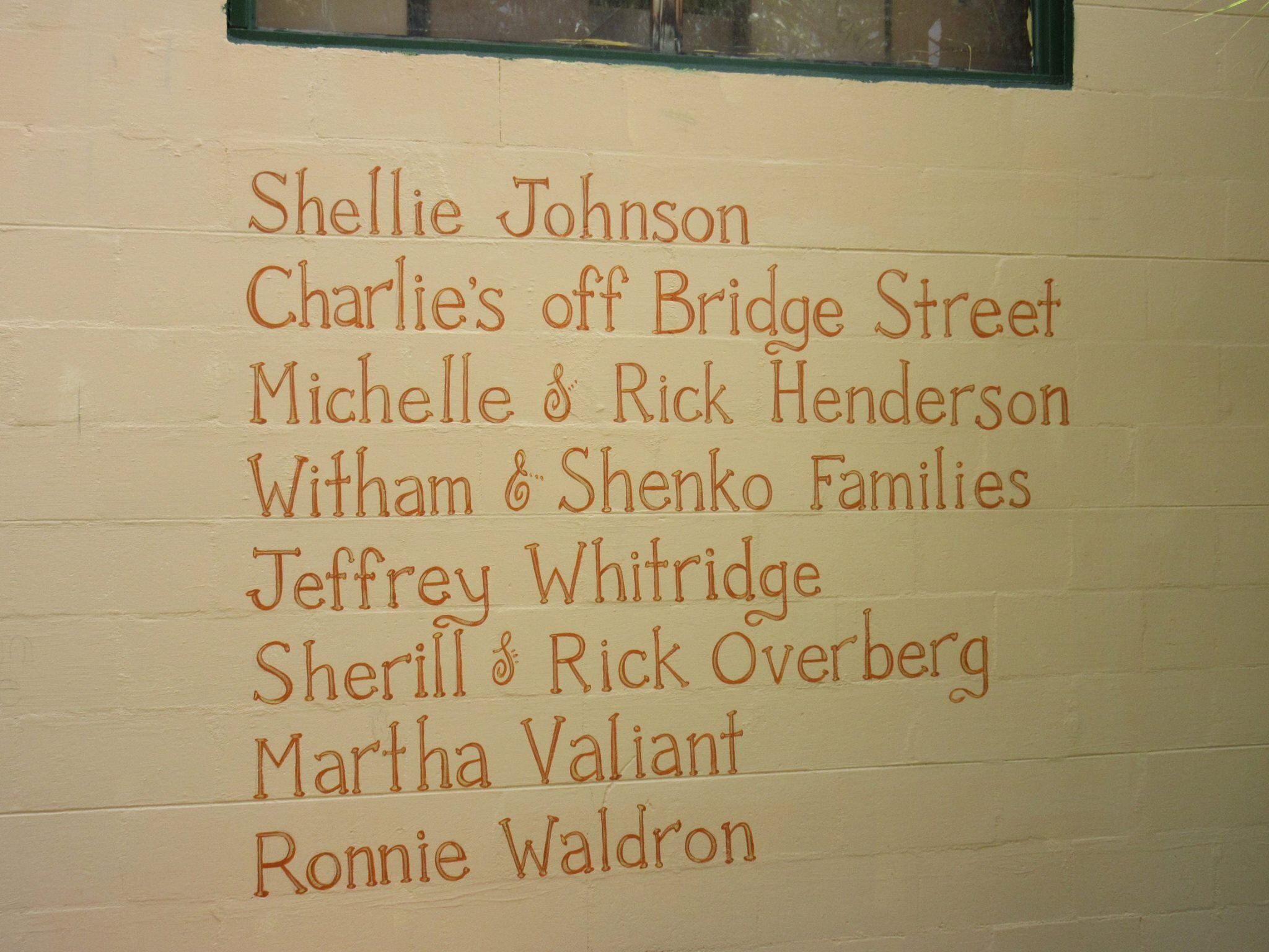 Section of the mural thanking individuals for their support