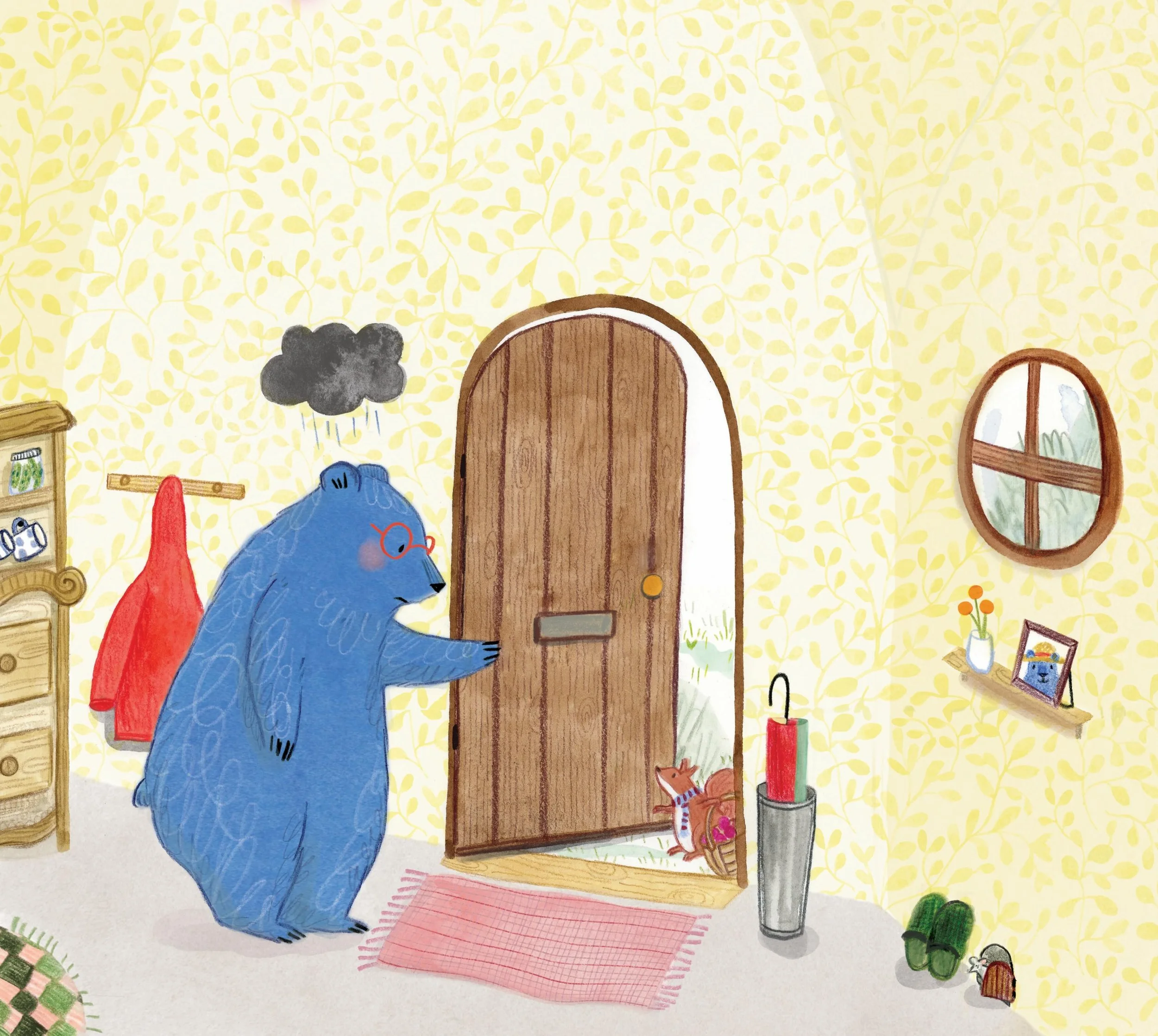 Friday friends 🐻 🩵 🐿️ 

I hope you have someone who&rsquo;d bring you a basket of berries too 🍒 

Illustration from The Storm Cloud @francesstickleyauthor @postwave_books 

.
.
#fridayfeels #picturebookillustration #picturebooks #kidlit #children