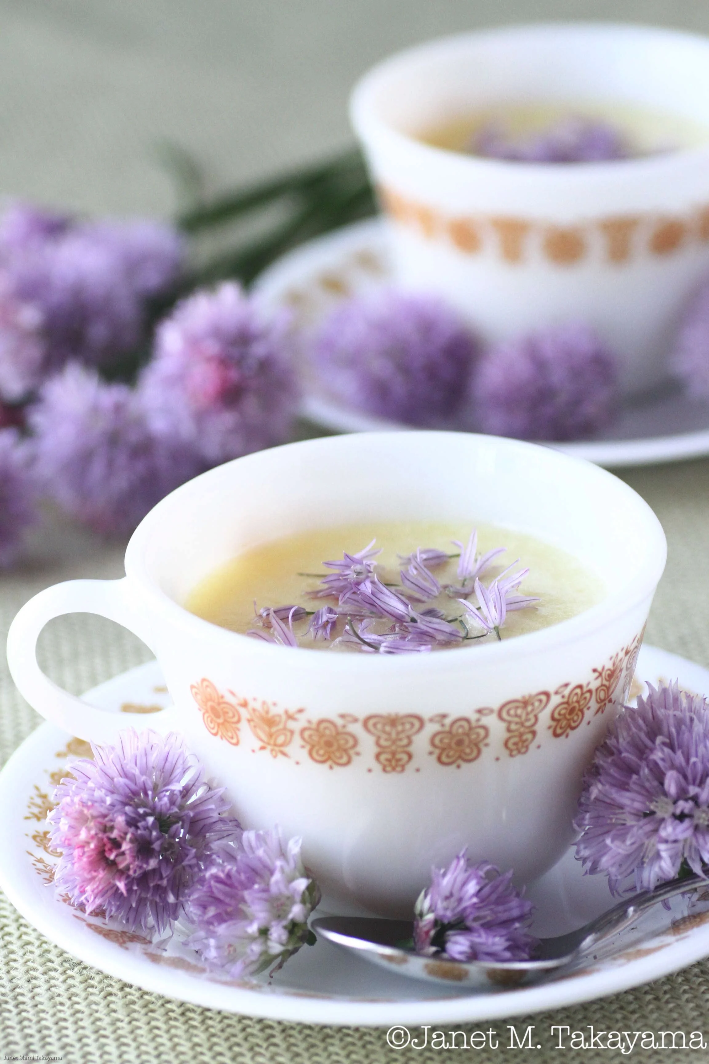 Cream of Potato Soup with Chive Blossoms