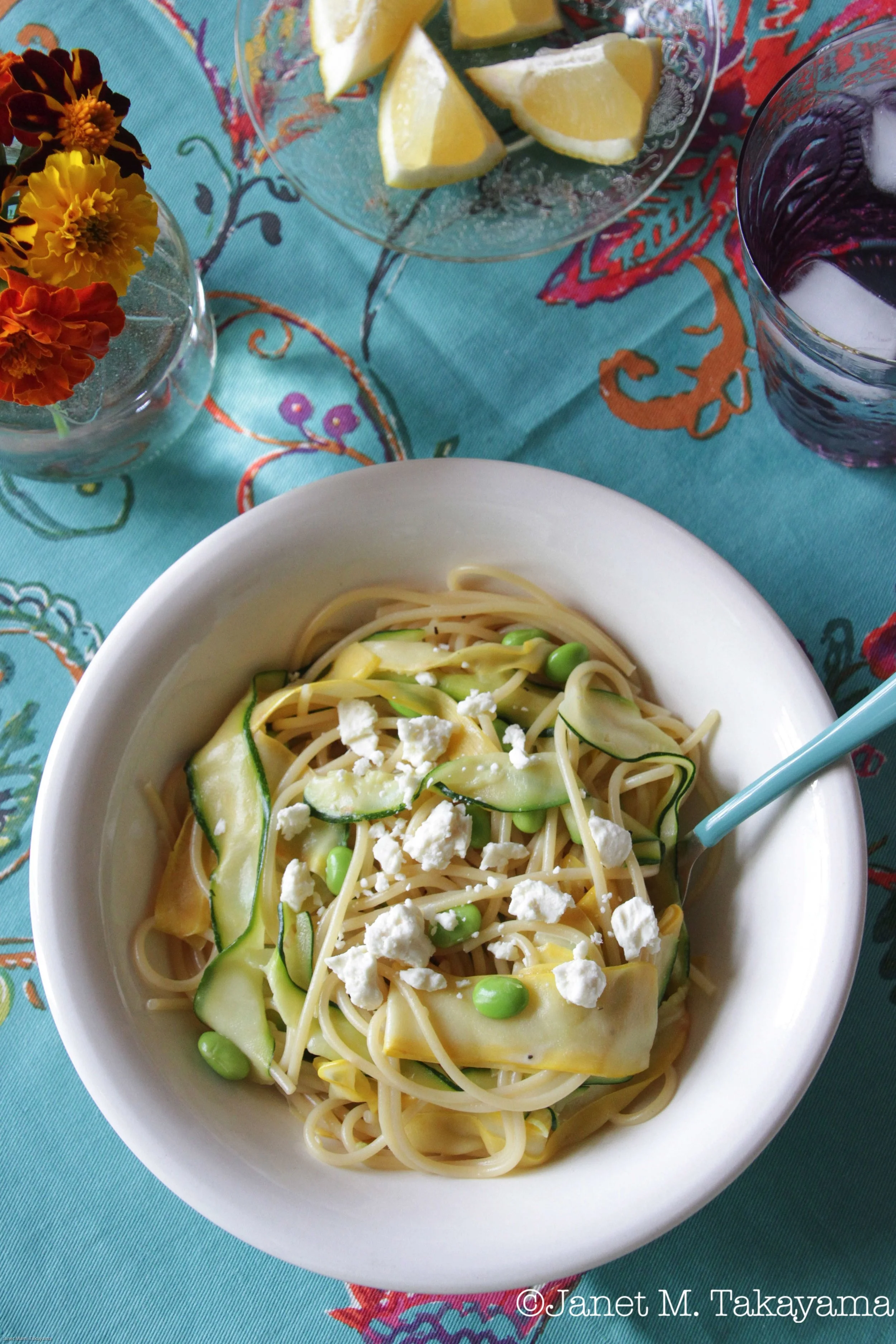 Spaghetti with Zucchini Ribbons and Edamame