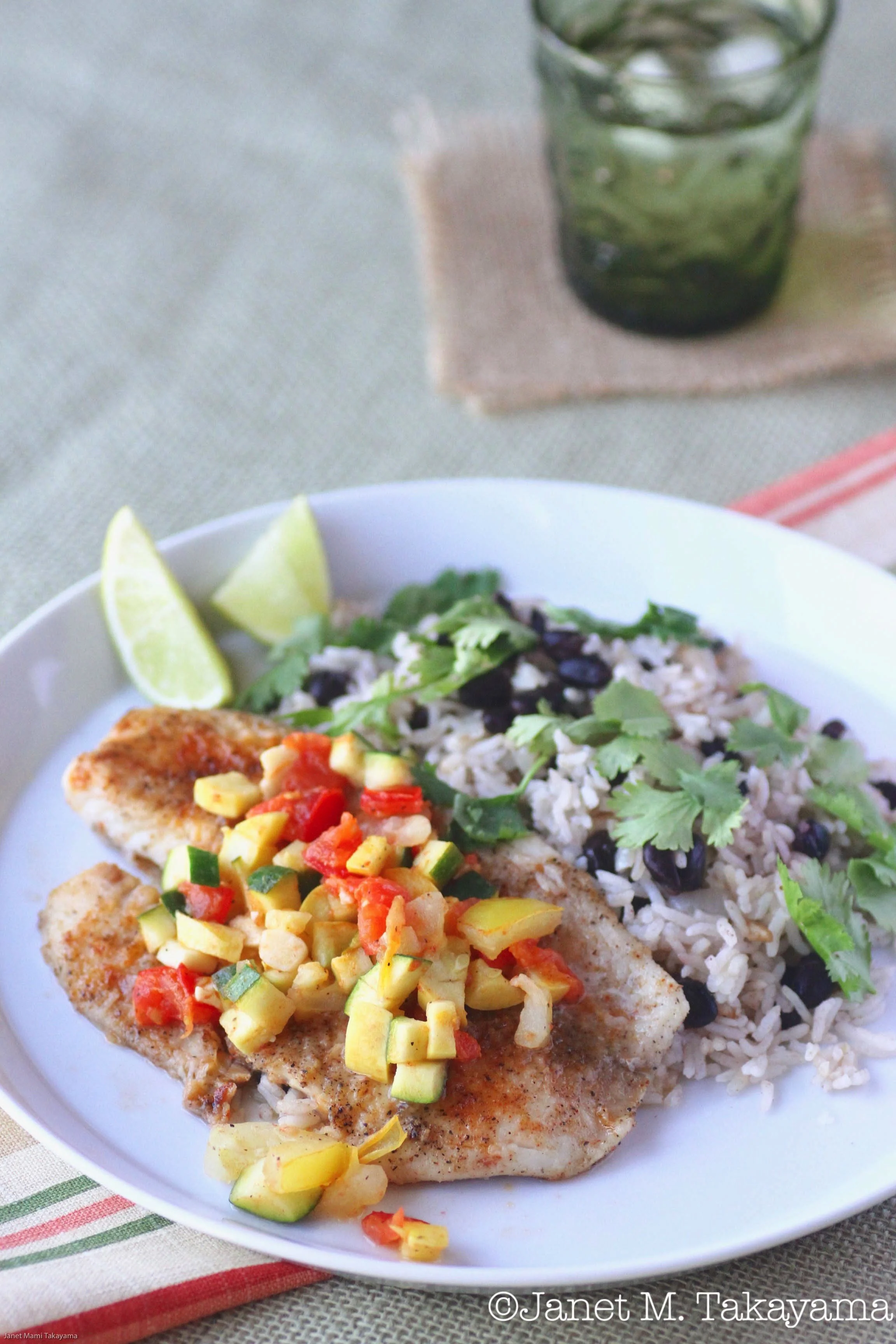 Tilapia with Zucchini-Tomato-Mango Sauce and Black Beans-Cilantro-Lime Rice