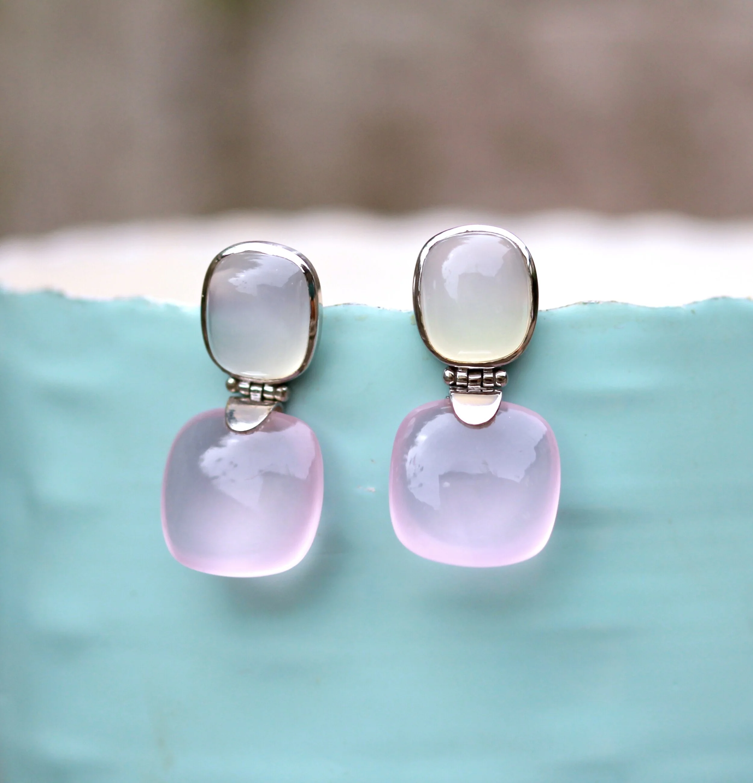 Audrey Earring in Moonstone and rose quartz Quince Jewellery.JPG