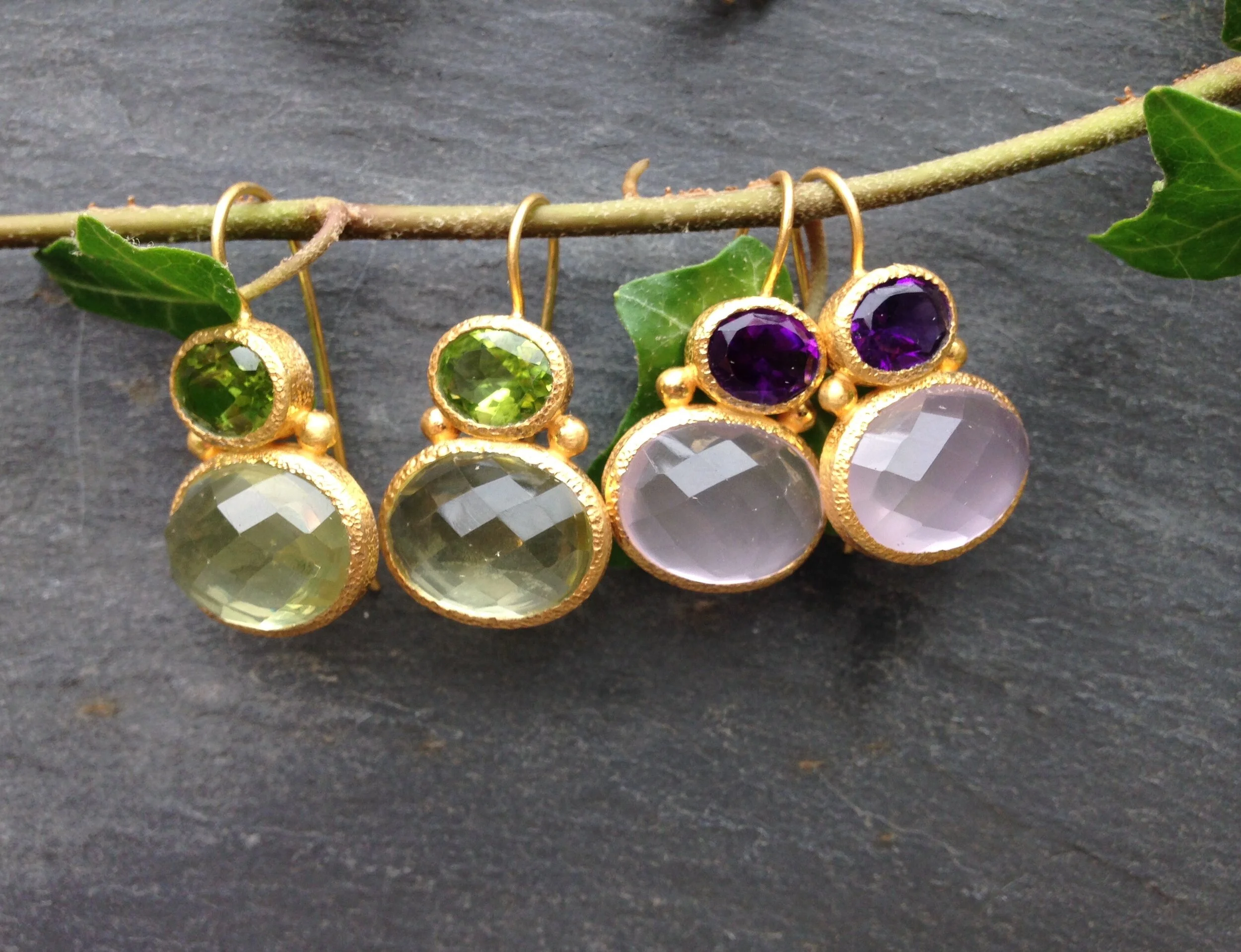Portia Earrings in gold with Peridot and Citrine, Amethyst and Rose Quartz Quince Jewellery .JPG