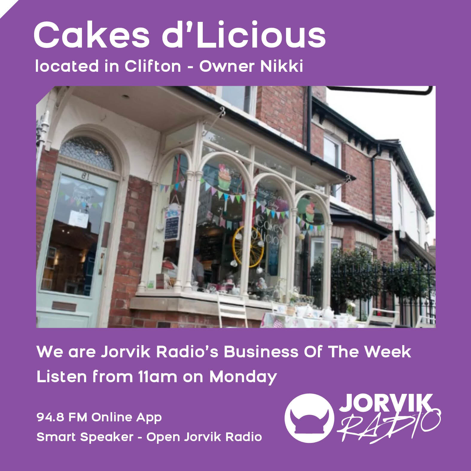 📻 𝗟𝗜𝗦𝗧𝗘𝗡 𝗨𝗣!

I'm going to be on @jorvikradio this Monday at 10am with Nick Love and his 𝗟𝗼𝘃𝗲 𝗶𝗻 𝘁𝗵𝗲 𝗠𝗼𝗿𝗻𝗶𝗻𝗴 programme as Business of the Week talking about all things Cake d'Licious!

I am a bit nervous but tune in to hear h