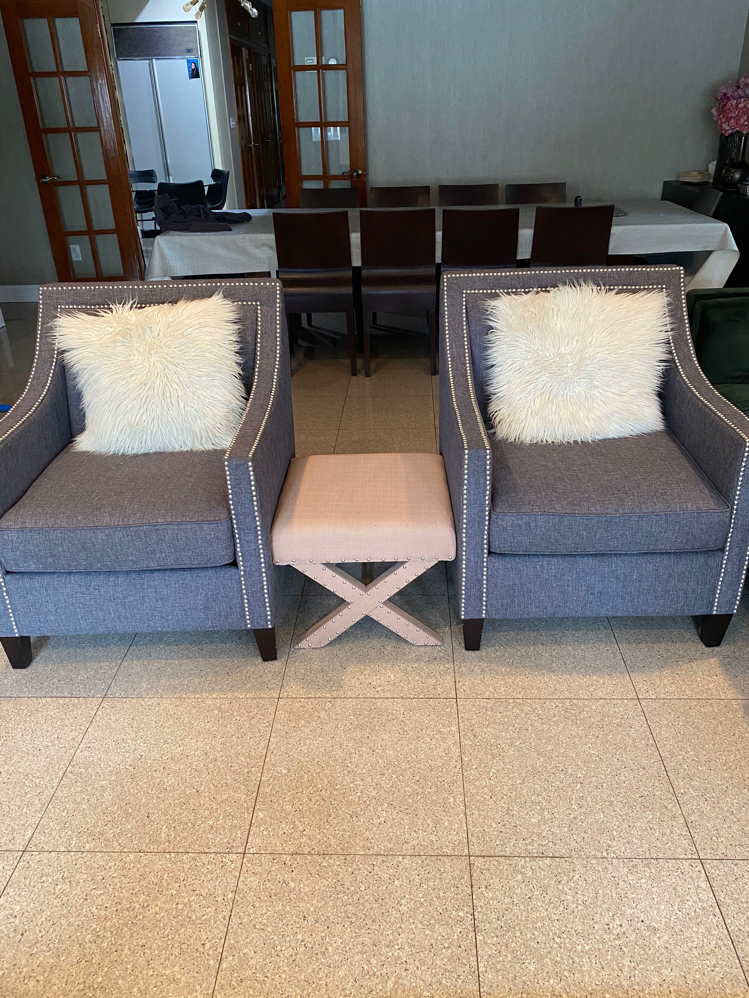 Gorgeous Gray Nailhead Chairs and Pink Ottoman