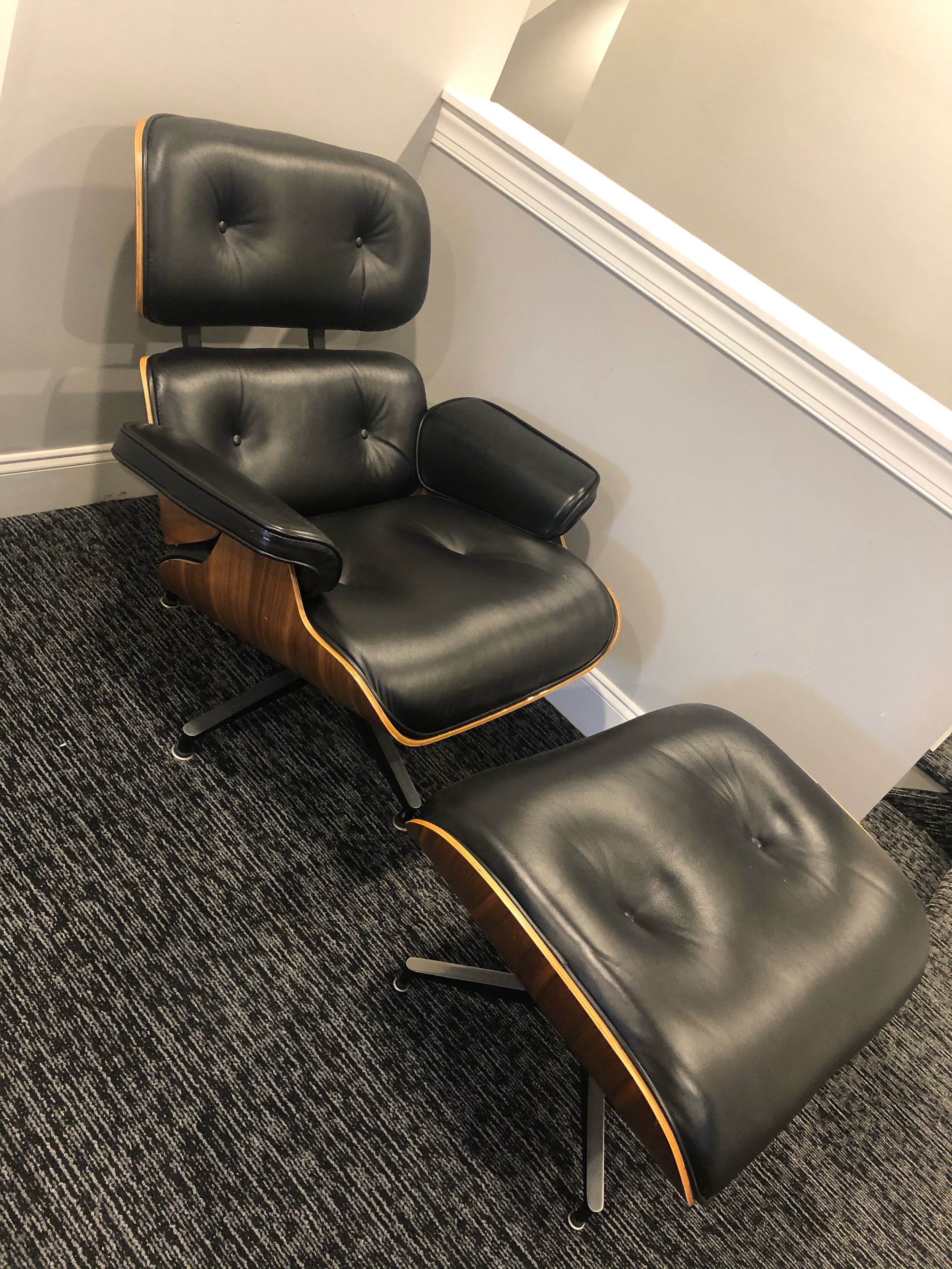 Midcentury Inspired Black Leather Lounge Chair and Ottoman  