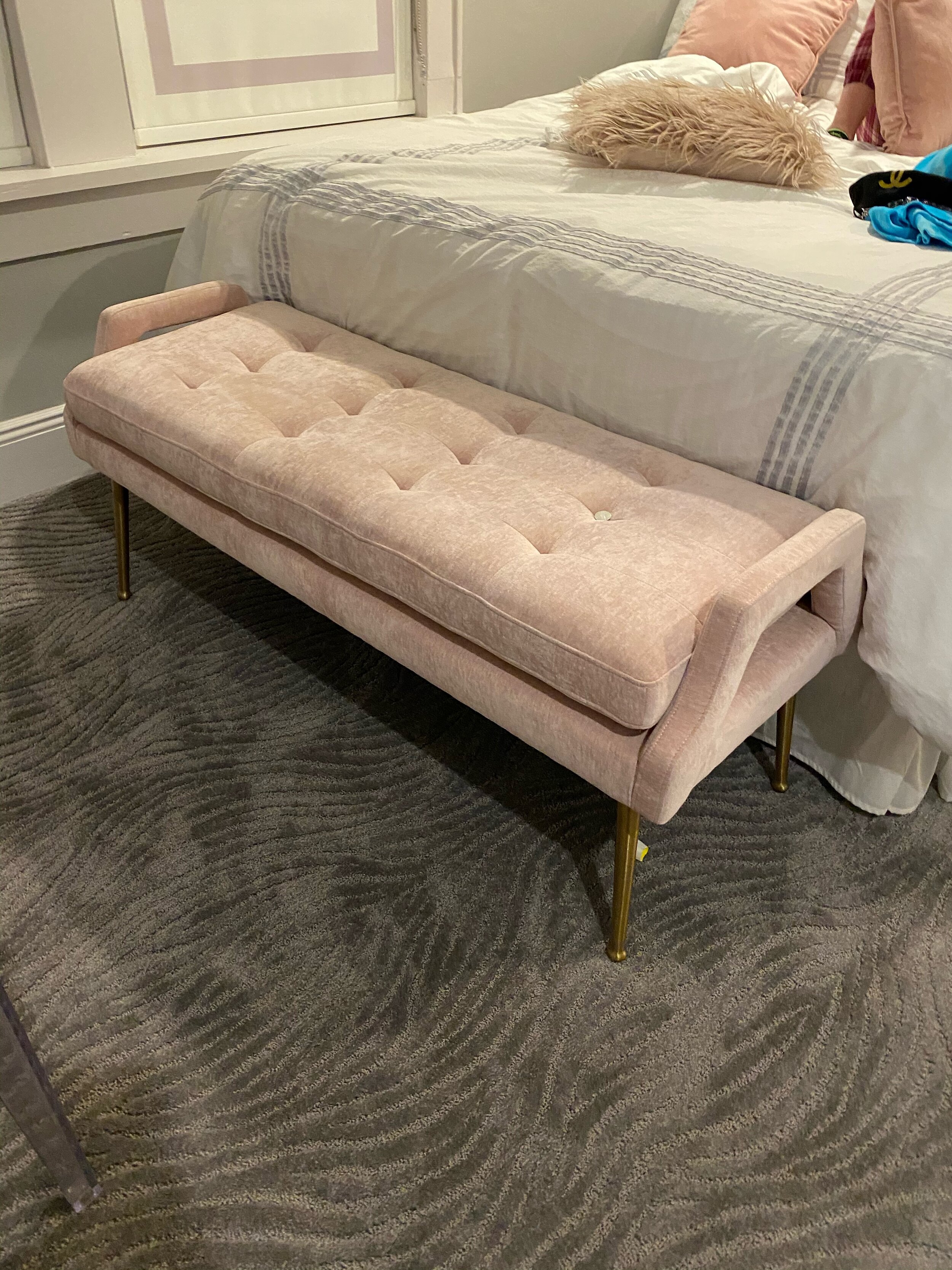Classy Pink Velvet Bench with Gold Accent Legs