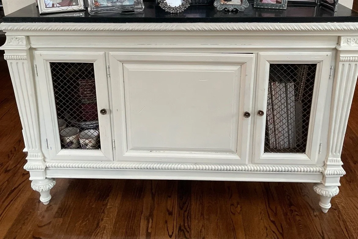White Distressed Server With Black Granite Top