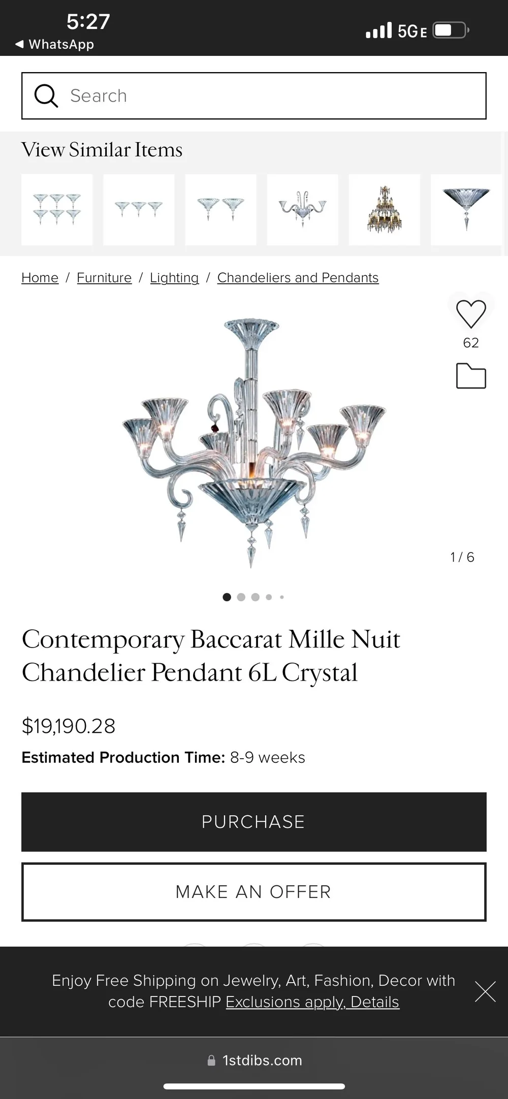 Baccarat Mille Nuit Baccarat Crystal, Mille Nuits 6 Light