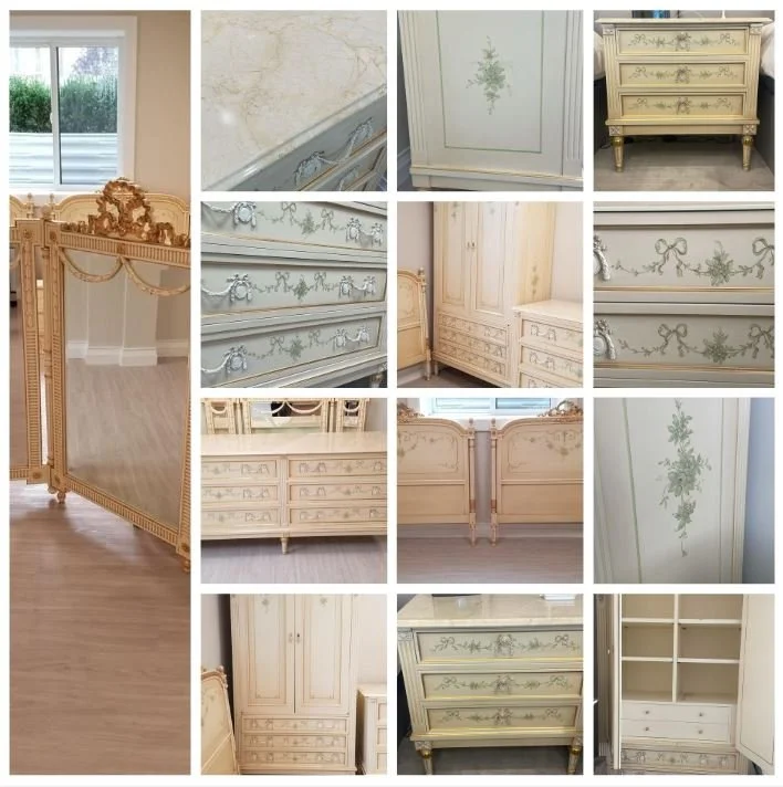 Louis xvi style Italian hand painted bedroom set with  marble top dresser, headboards armoire and nightstand and beautiful mirror