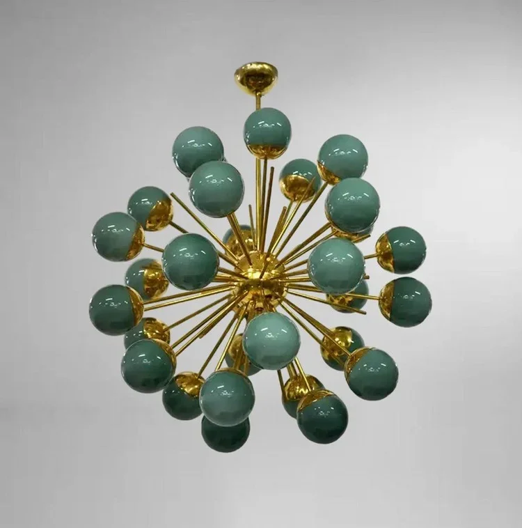 Stilnovo Style Brass Green Glass Ball 1950's Sputnik Chandelier Urchin Italian Lamp Lighting