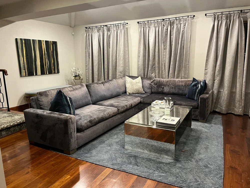 Pebbled Navy velvet sectional sofa 11 feet by 8 feet