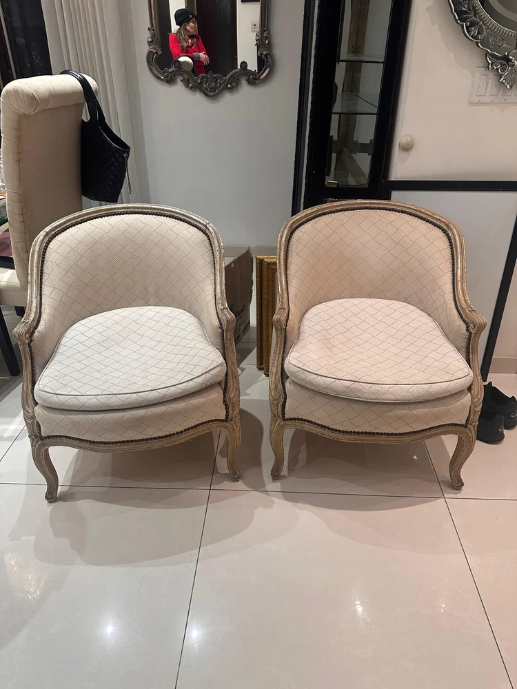 Pair of antique French Louis XV or Louis XVI style country bergère armchairs