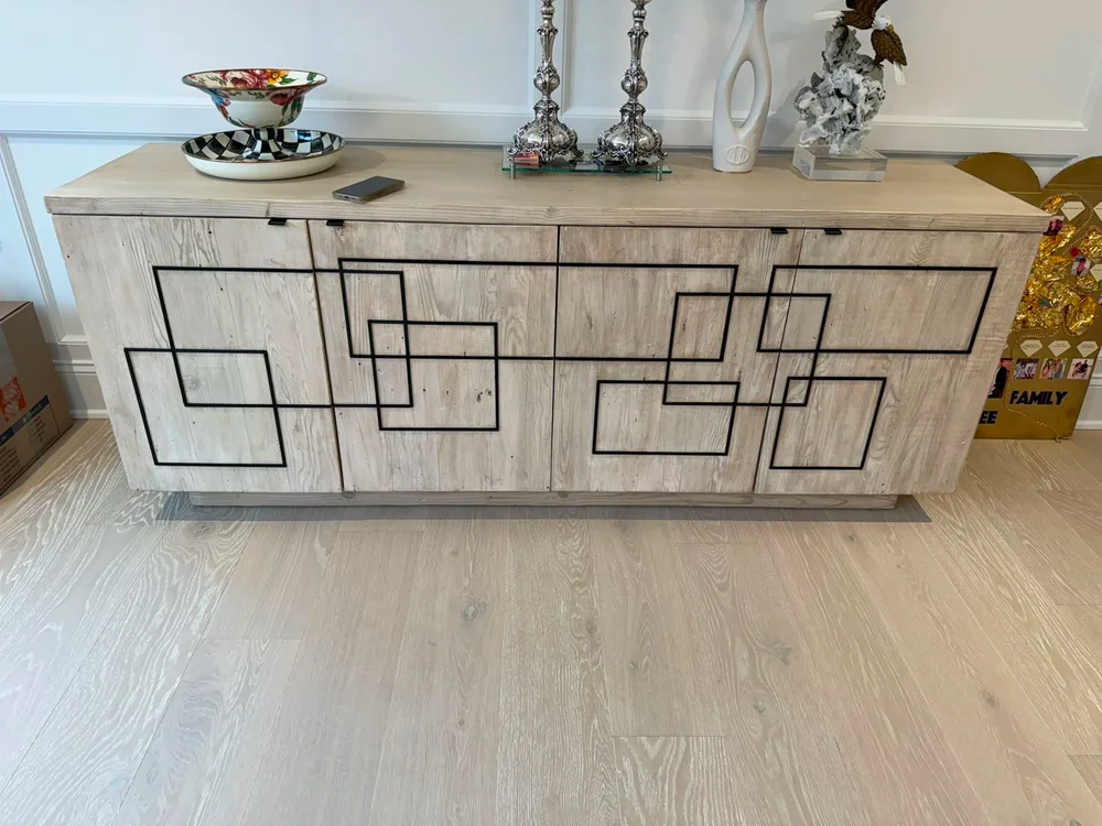 Geometric gray ash buffet with metal brass trim for sideboard