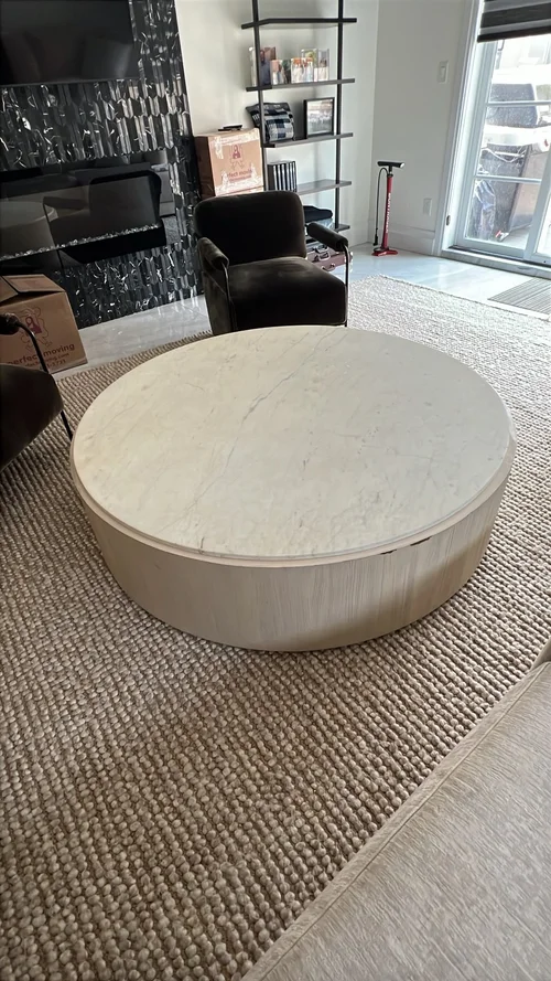 Crate and barrel troupe marble and natural pine wood 56” round coffee table.