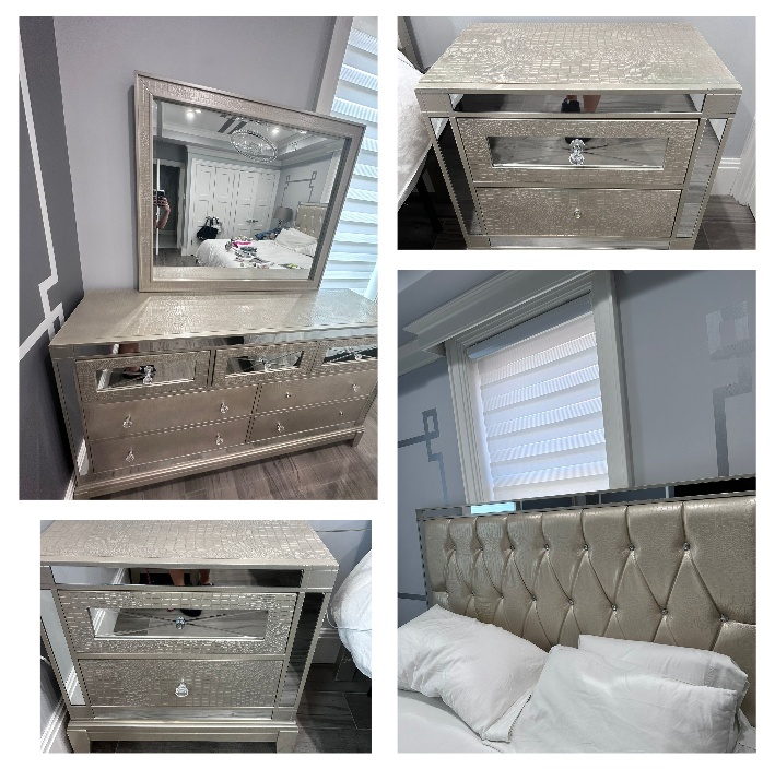 4 piece Global Furniture king size champagne bedroom set!   Includes bed, dresser with mirror and 2 nightstands