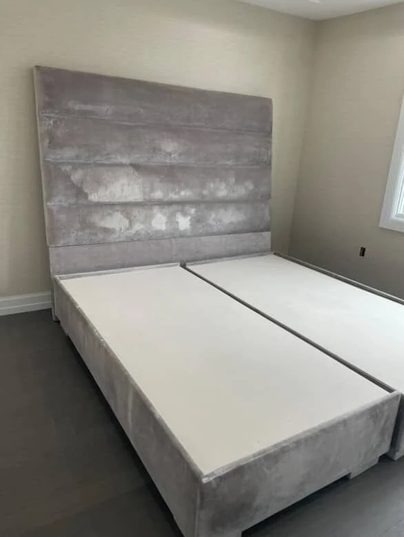 Gray velvet channel tufted king size bed with tall headboard