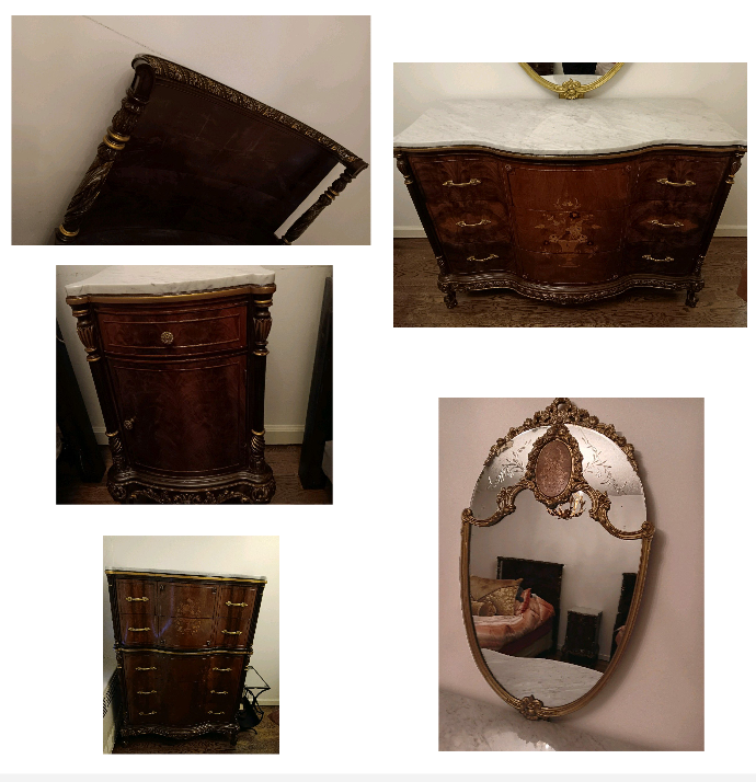 Antique bedroom set  2 twin headboards nightstand dresser and highboy chest