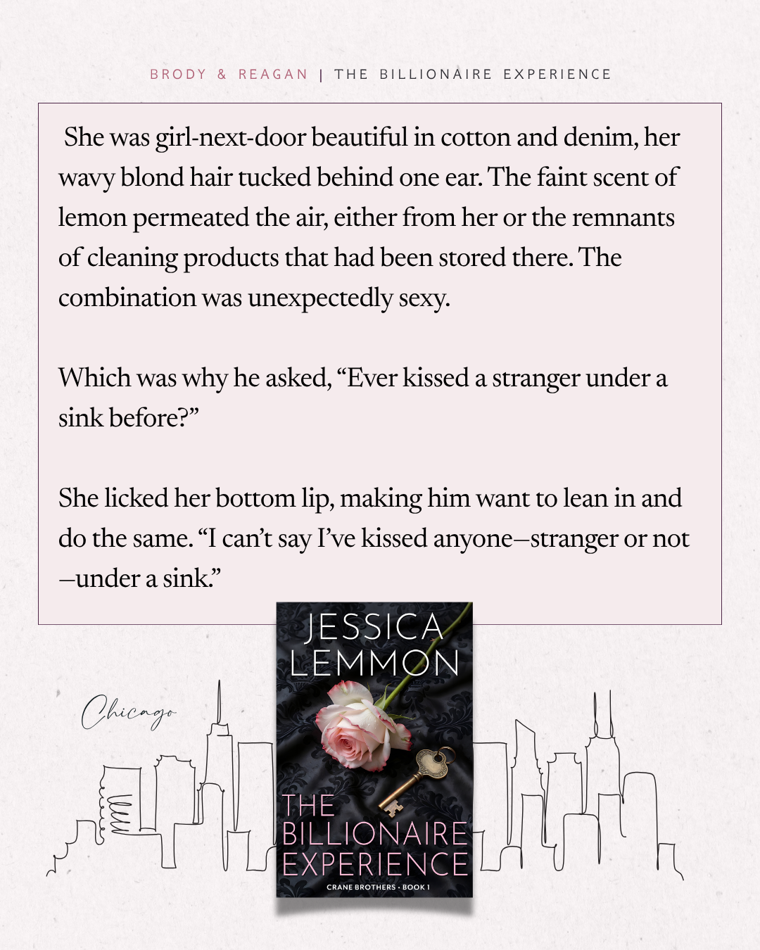 A page from a book or promotional material with a quote discussing a woman in cotton and denim, her blonde hair, a scent of lemon. There is an illustration of the Chicago skyline and a book cover titled "The Billionaire Experience" by Jessica Lemmon