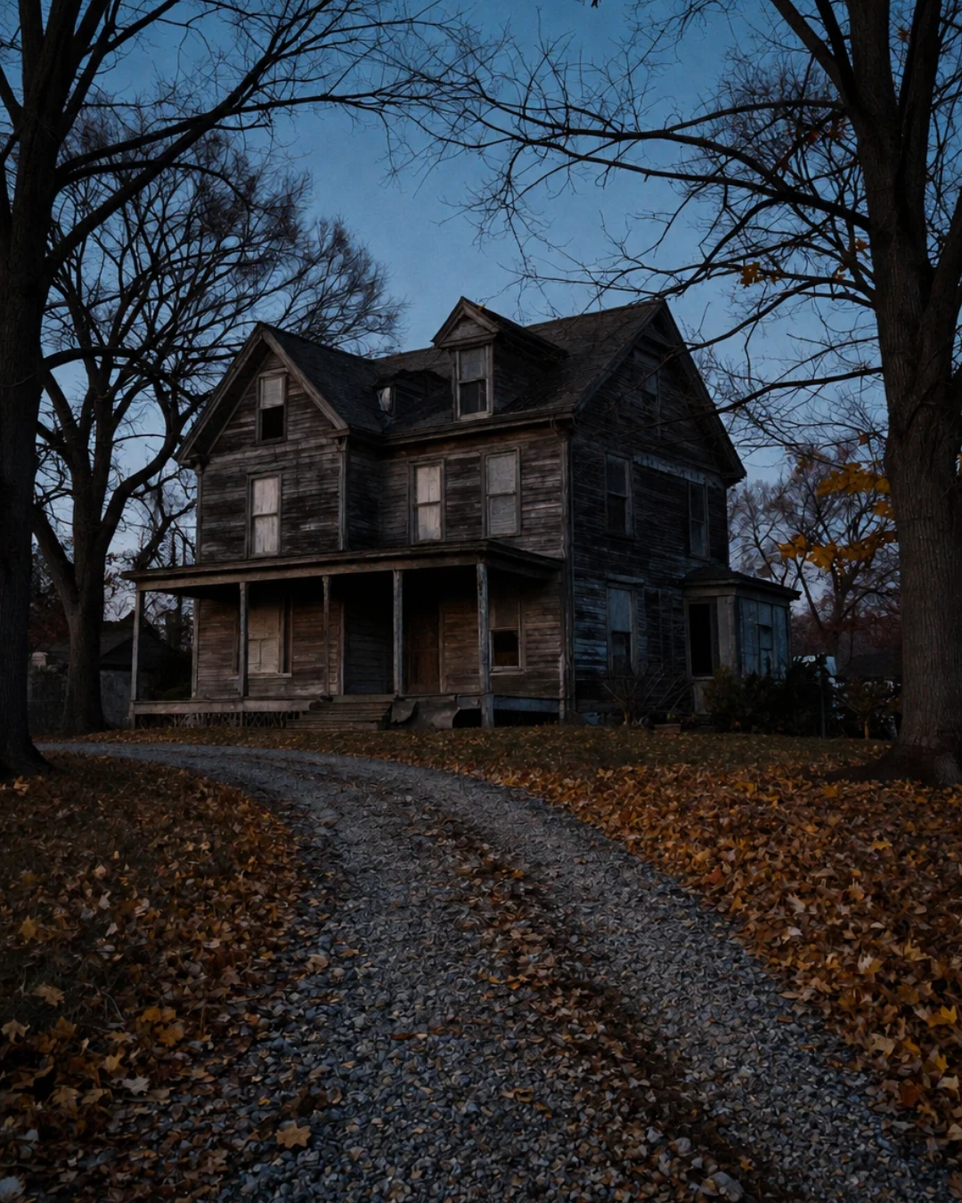 A dark, abandoned, two-story wooden house with boarded windows, located at the end of a gravel driveway and surrounded by leafless trees and fallen autumn leaves.