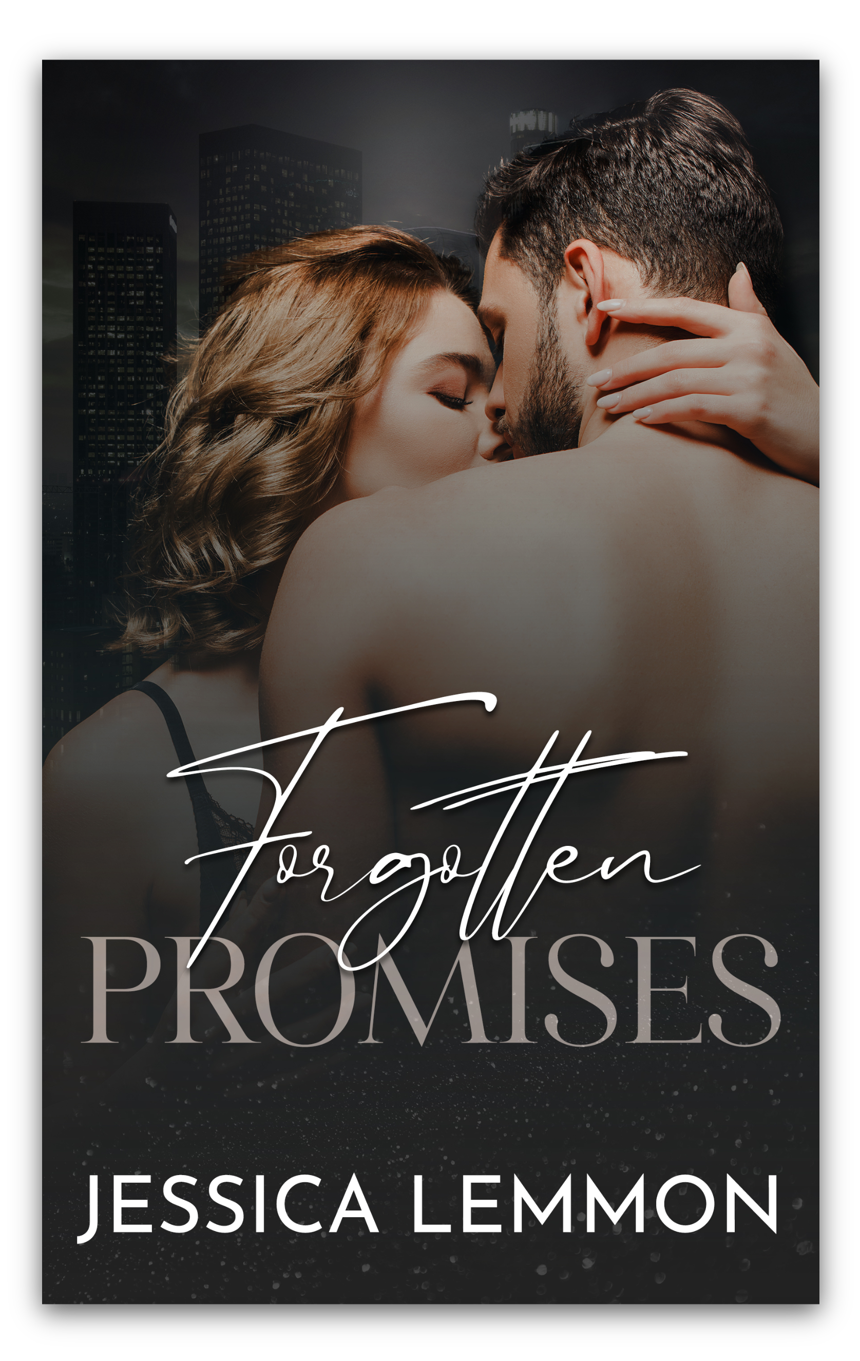Book cover for "Forgotten Promises" by Jessica Lemmon, featuring a close-up of a man and woman kissing with a city skyline in the background.