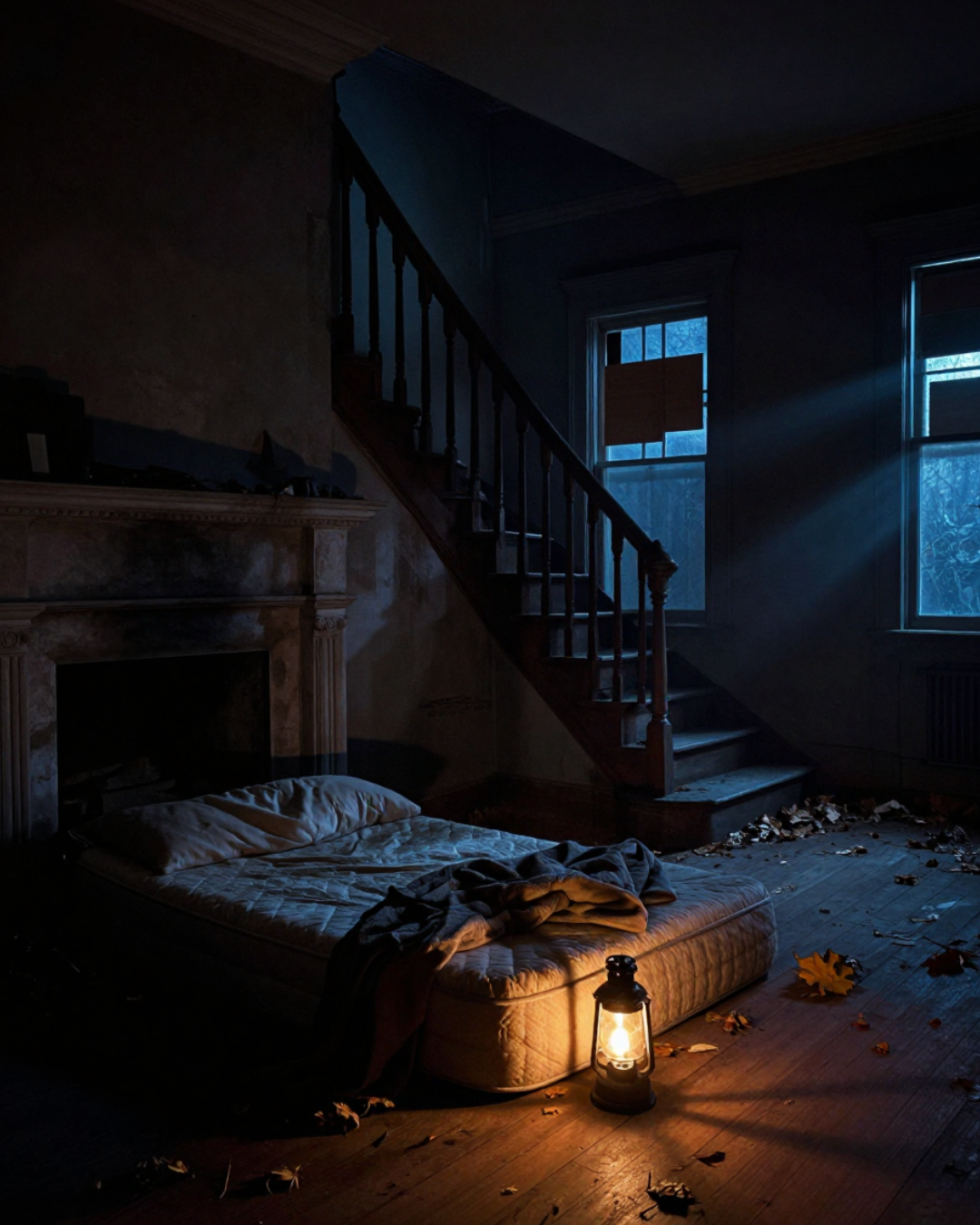An air mattress lit by a lantern inside an abandoned mansion at night
