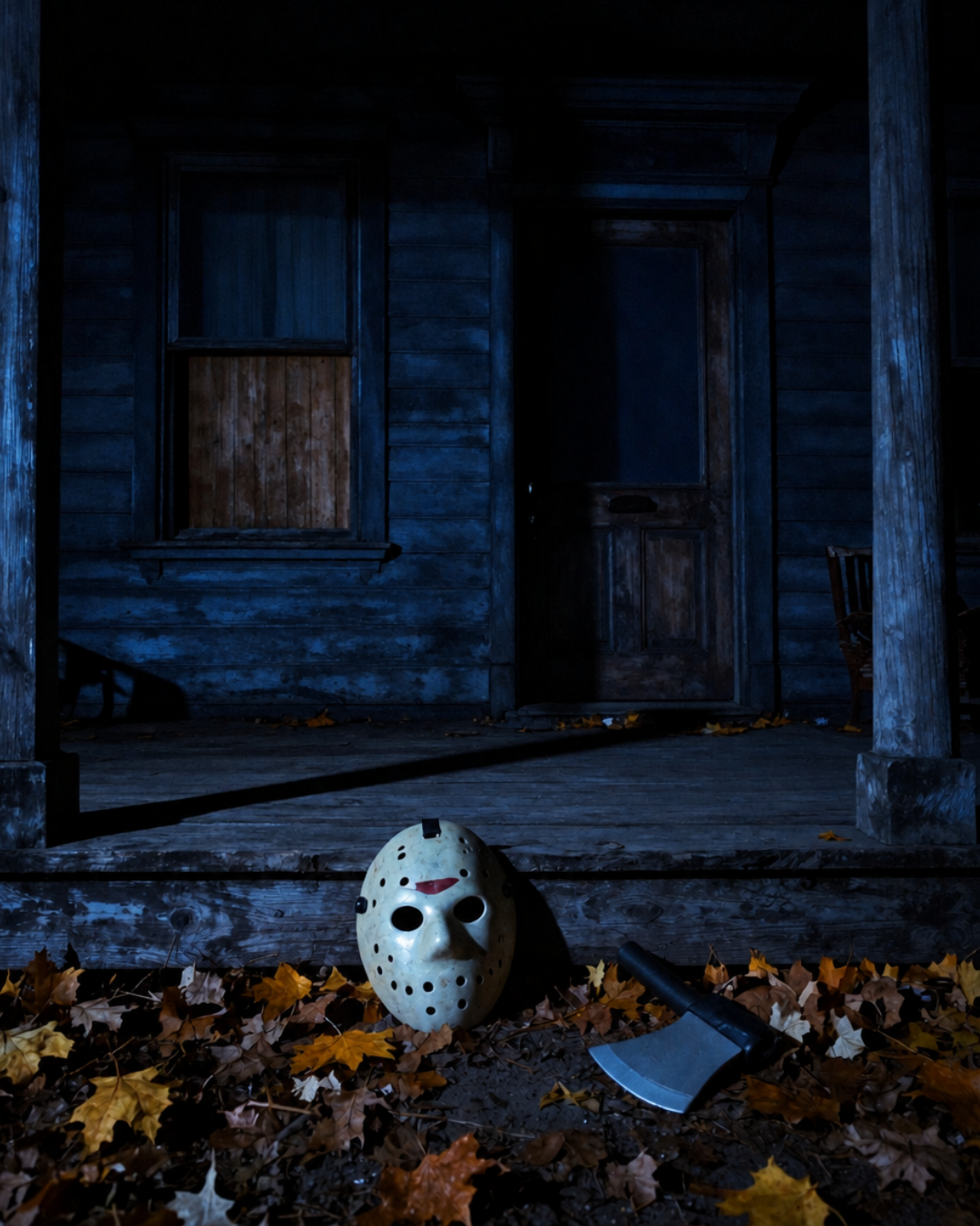 A hockey mask and a plastic ax on the porch of an abandoned mansion at night