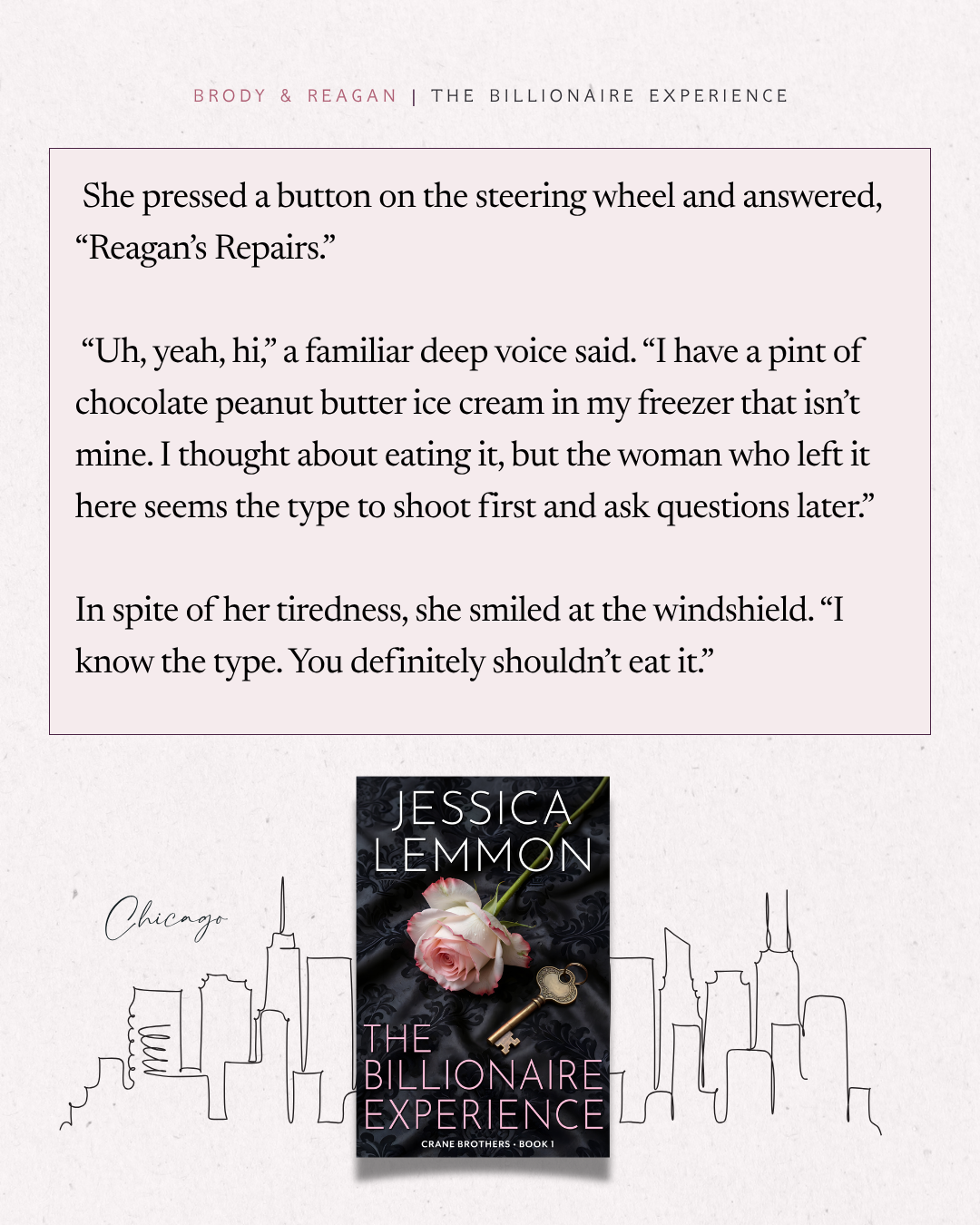 A book excerpt from 'The Billionaire Experience' by Jessica Lemmon. The cover shows a pink rose, a key, and is set against a dark background. The background of the page features a minimalist sketch of the Chicago skyline.