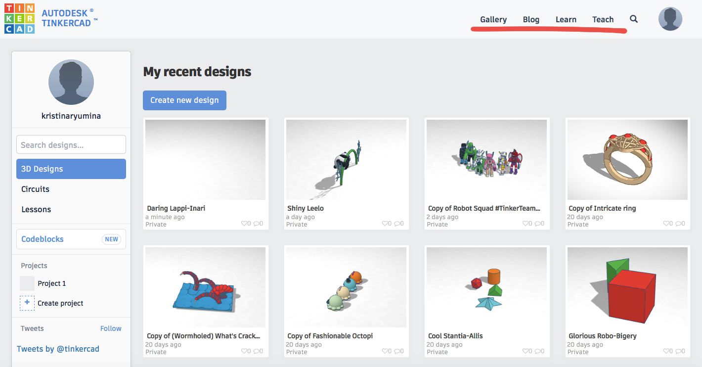 Окно пользователя Tinkercad