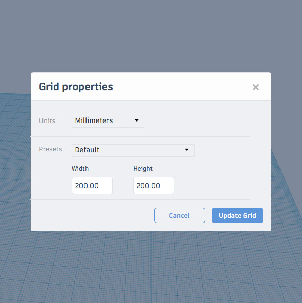 Окно настроек рабочей сетки Ред. сетку /Edit Grid (где Units — единицы измерения, Presets — заготовки размеров для печатных поверхностей различных 3D принтеров, Width — ширина сетки, Height — высота сетки)