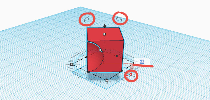 Вращение фигур в Tinkercad. Под параллелепипедом располагается шкала градусов вращения. Красным обведены стрелки для активации вращения. В подчеркнутом поле можно вручную вбить точный градус вращения