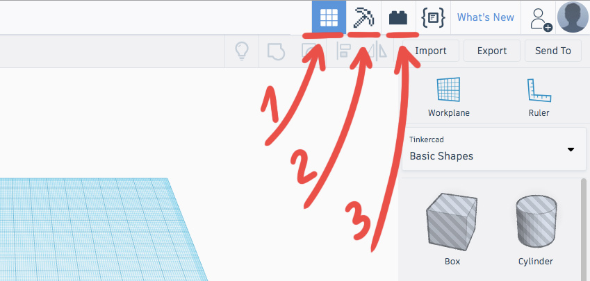 Три режима просмотра ваших дизайнов в Tinkercad: (1) — Проект /Design, (2) — Блоки /Blocks, (3) — Кирпичи /Bricks