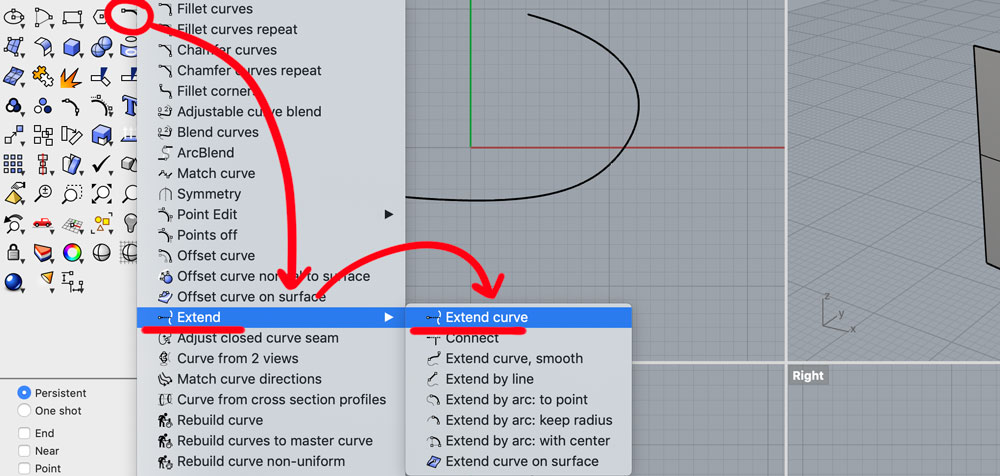Расположение команды Extend Curve. Интерфейс Рино на Mac