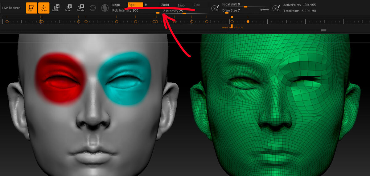 В режиме Use PolyPaint я раскрасила одну глазницу меша красным с Color Density = 4 , вторую — синим с Color Density = 0.25 . В результате после ретопологии в области красного цвета мы получили в 4 раза больше полигонов, чем на нейтральной территории, а в области голубого цвета — в 4 раза меньше.