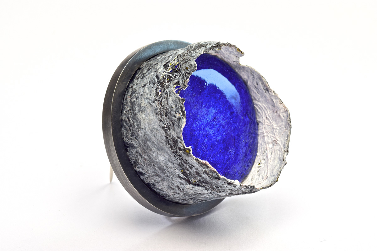 Celestial Blue Oxidized sterling silver, wood, gauze & handmade paper, paint, resin