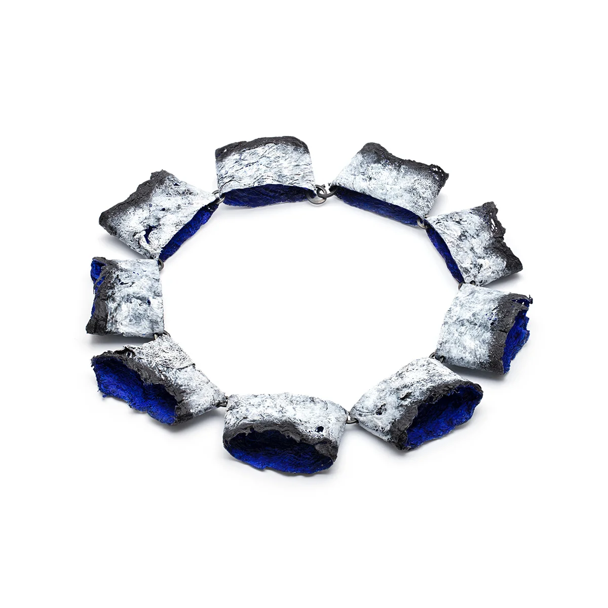 Balancing Blue Gauze & handmade paper, paint, oxidized sterling silver
