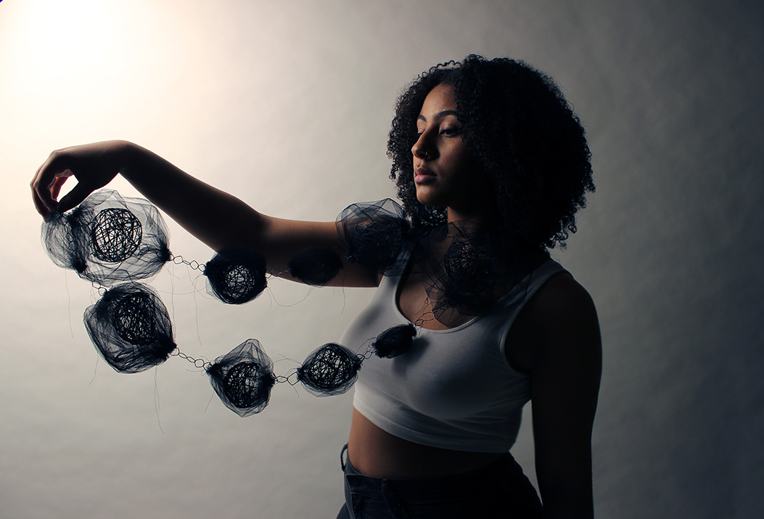 Borguesse Mozaffarian Nest Ball Neckpiece (2019) Metal, thread, tulle Image by the artist