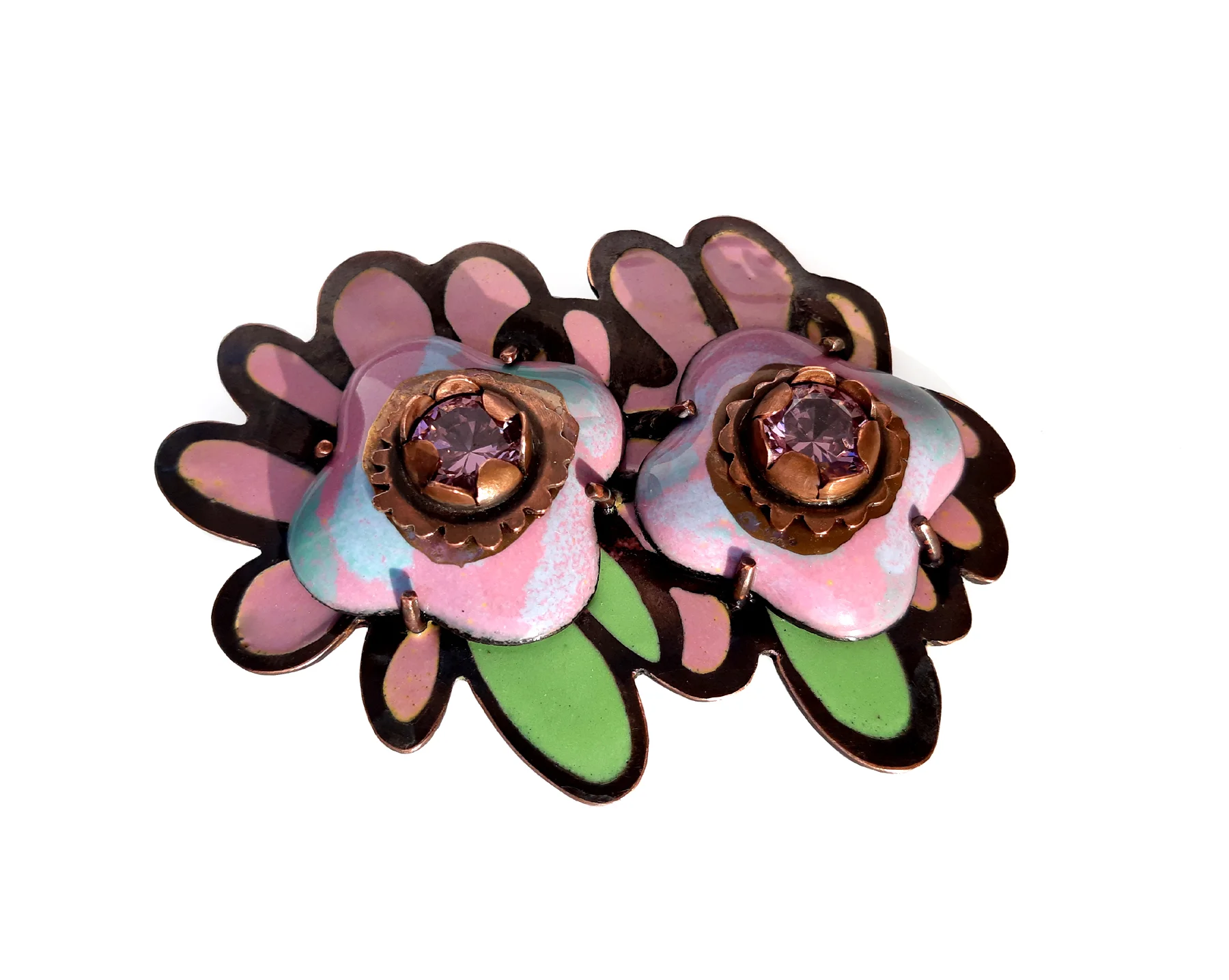 Meris Mosher January 1990 Copper, cubic zirconia, enamel, lustre
